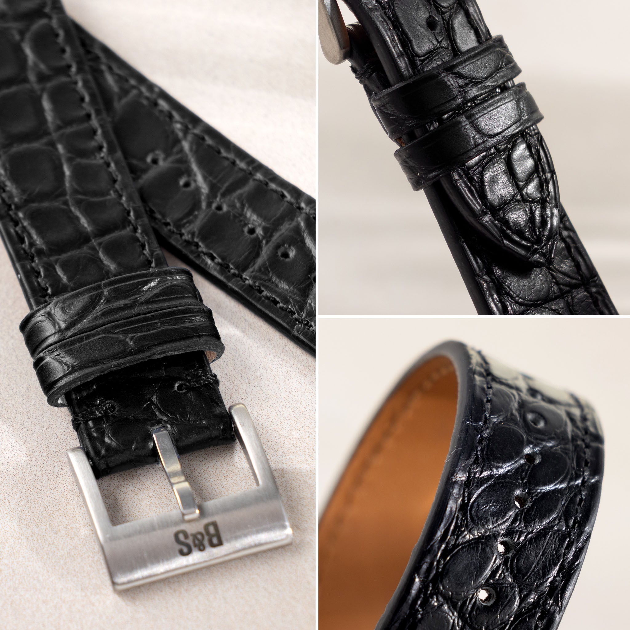 Alligator Flank Black Leather Watch Strap