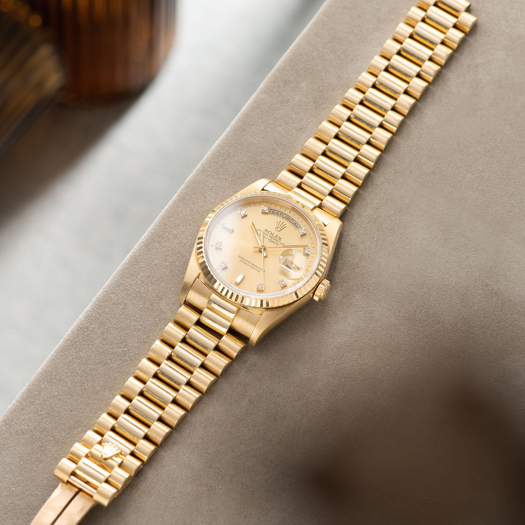 Rolex Day-Date Champagne Dial Diamond Hours 18238 with Yellow gold President bracelet