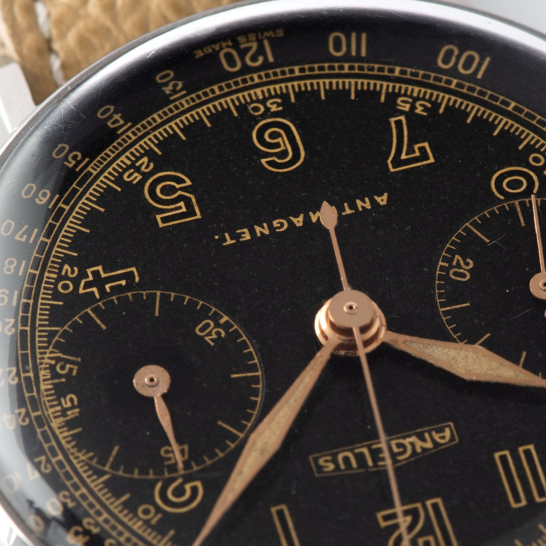 Angelus Steel Chronograph Square Pusher Watch Black dial with gilt printing