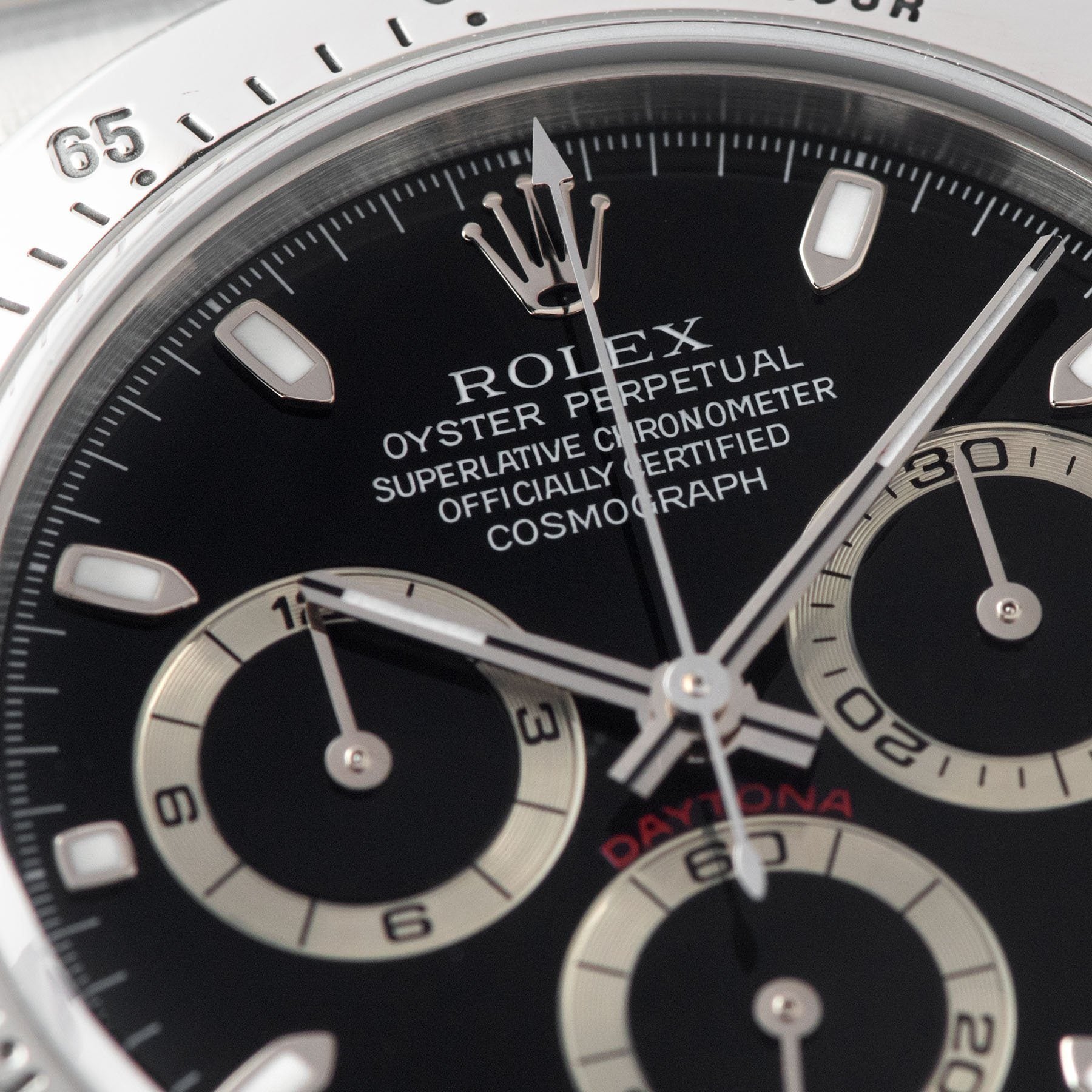 Rolex Daytona Steel 116520 Black Dial Box and Papers set dial detail
