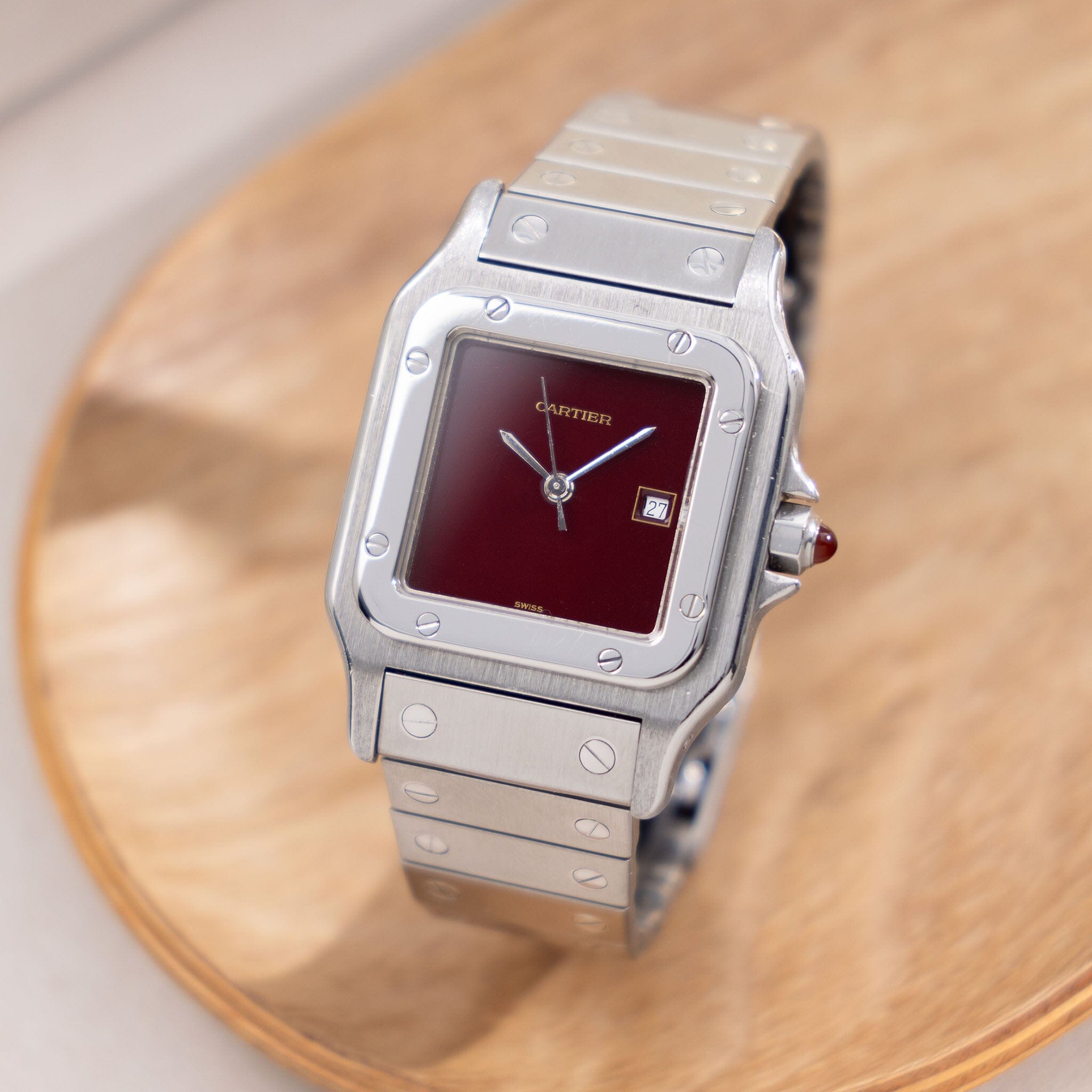 Cartier Santos Carr e Steel with Burgundy Dial Ref 2960