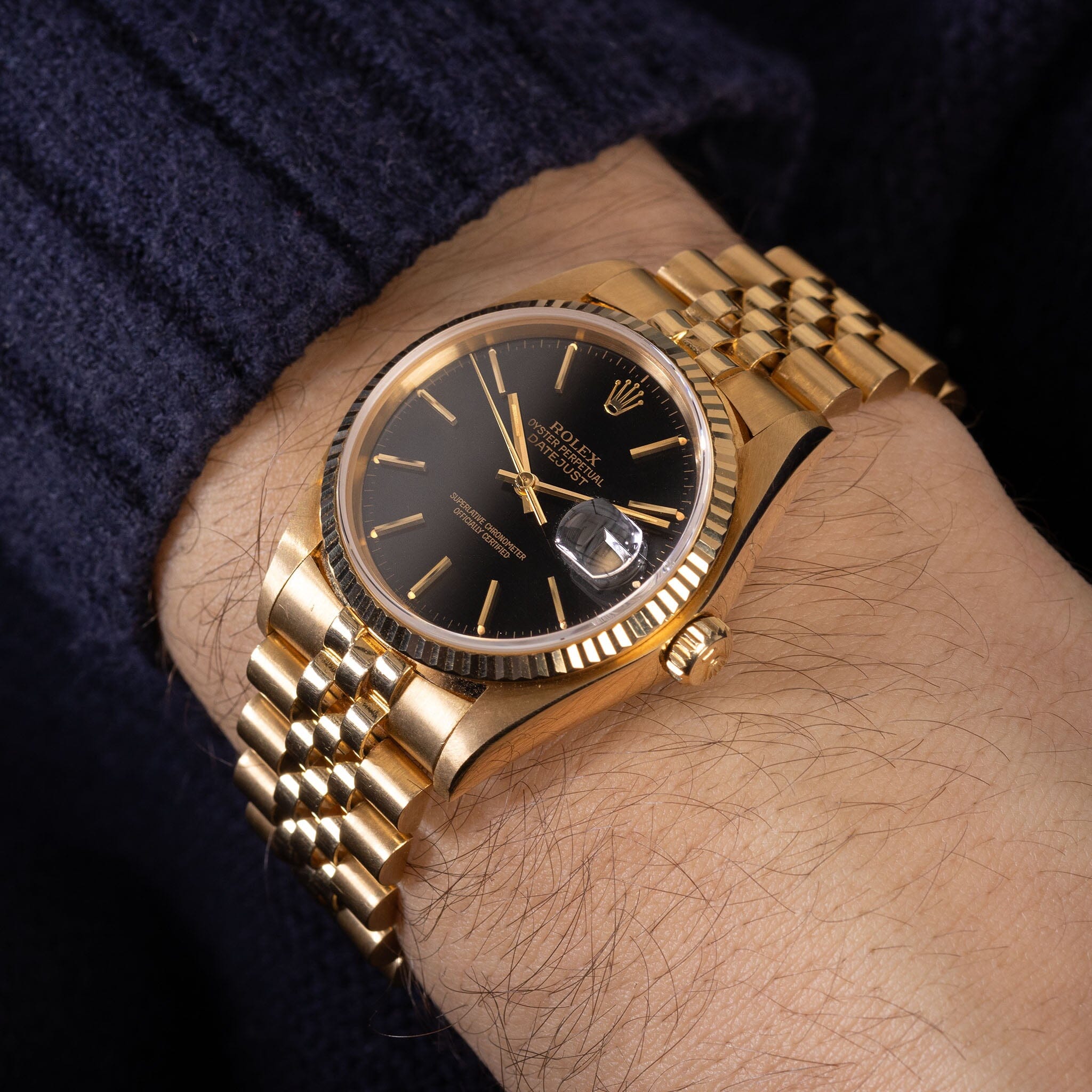 Rolex Datejust Yellow Gold Black Glossy Dial Ref 16018 