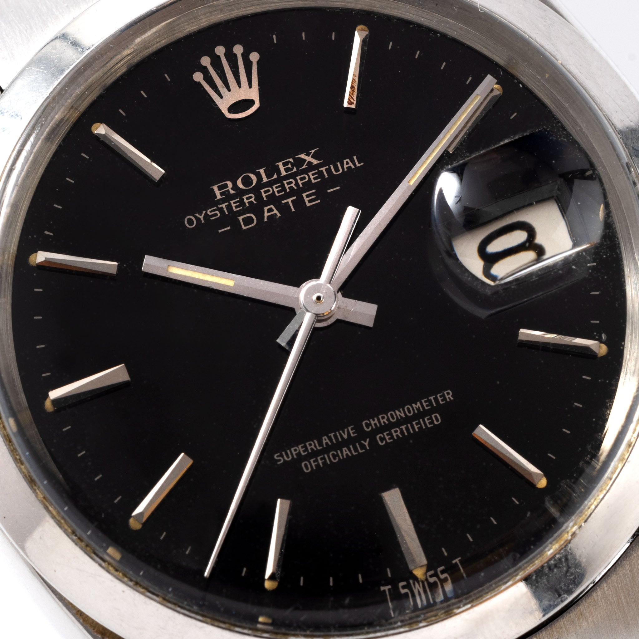 Rolex Oyster Perpetual Date Black Dial Silver Print "Upside Down" Ref 1500