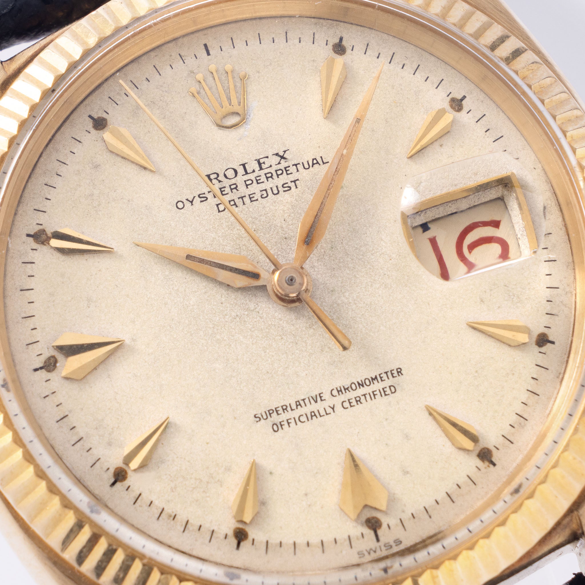 Rolex Datejust Cream dial with "Arrow head " markers in 18 k yellow gold ref 6605