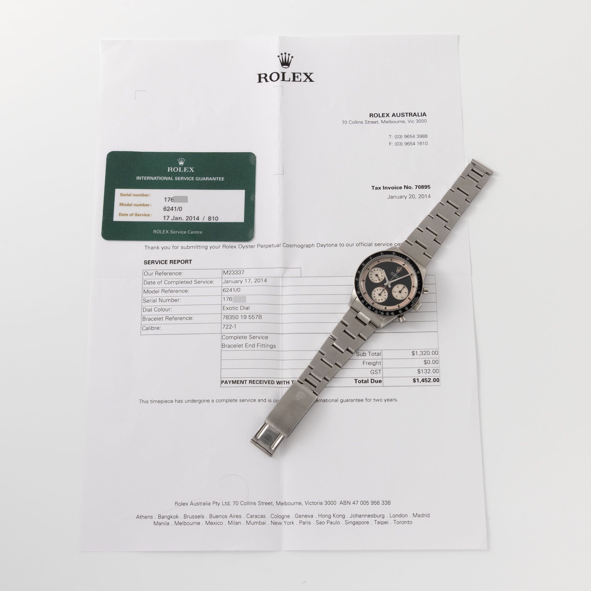 Rolex Cosmograph Daytona 6241 Black Tri-Color Paul Newman dial with Rolex service papers