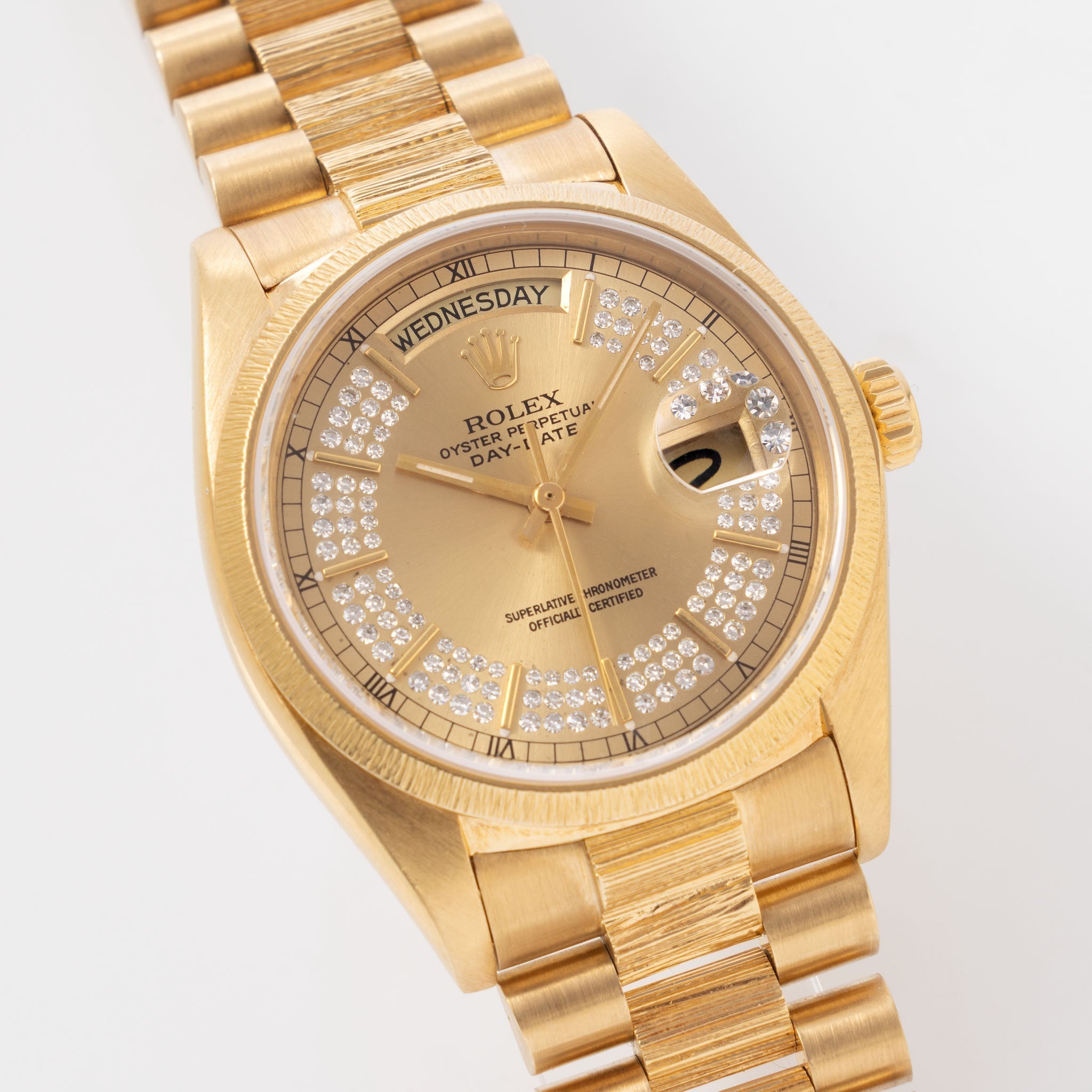 Rolex Day-Date Ref. 18078 Champagne String Diamond Dial with Bark Finish in 18k Yellow Gold