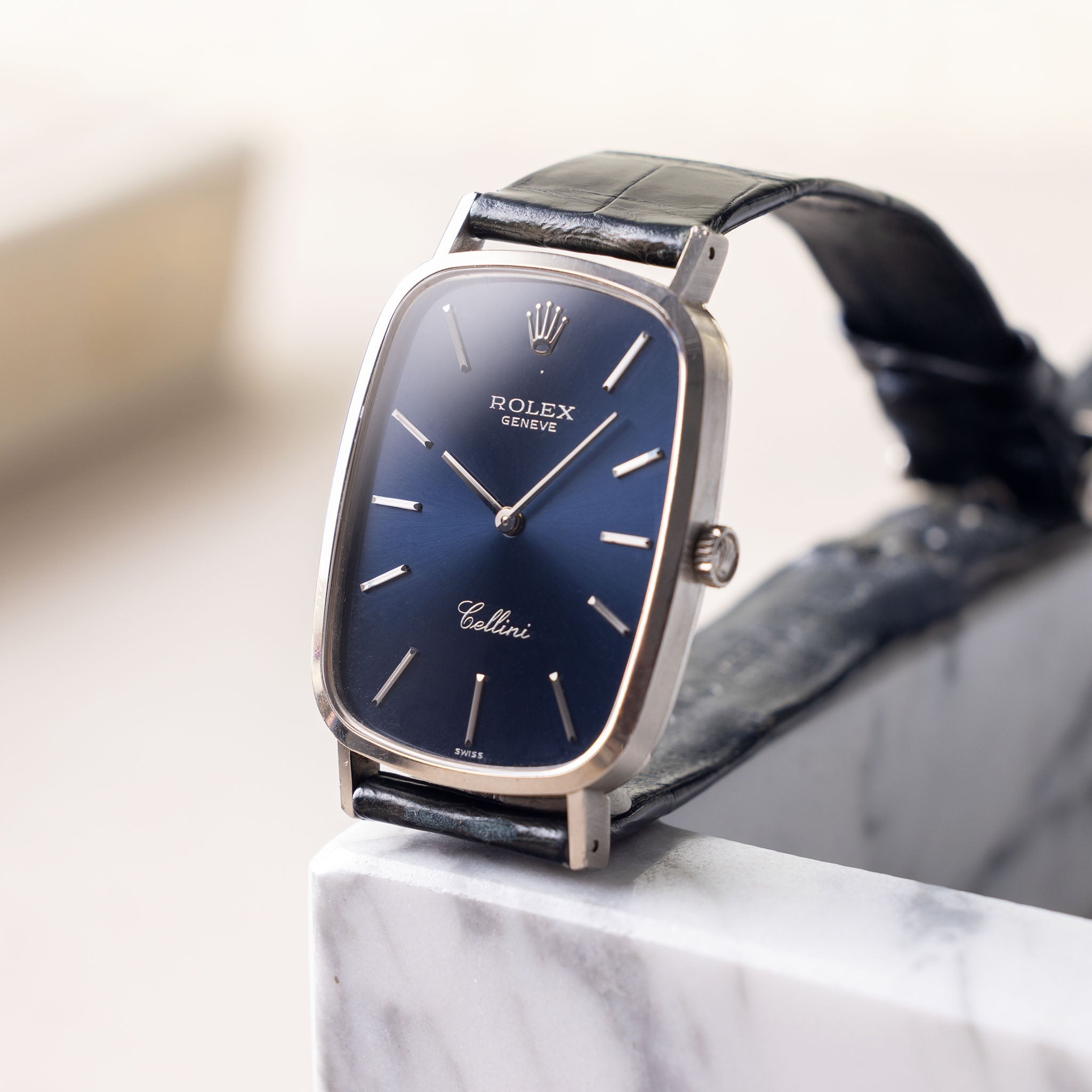 Rolex Cellini Blue Dial Rectangular Case in 18K White Gold Ref. 4113 B