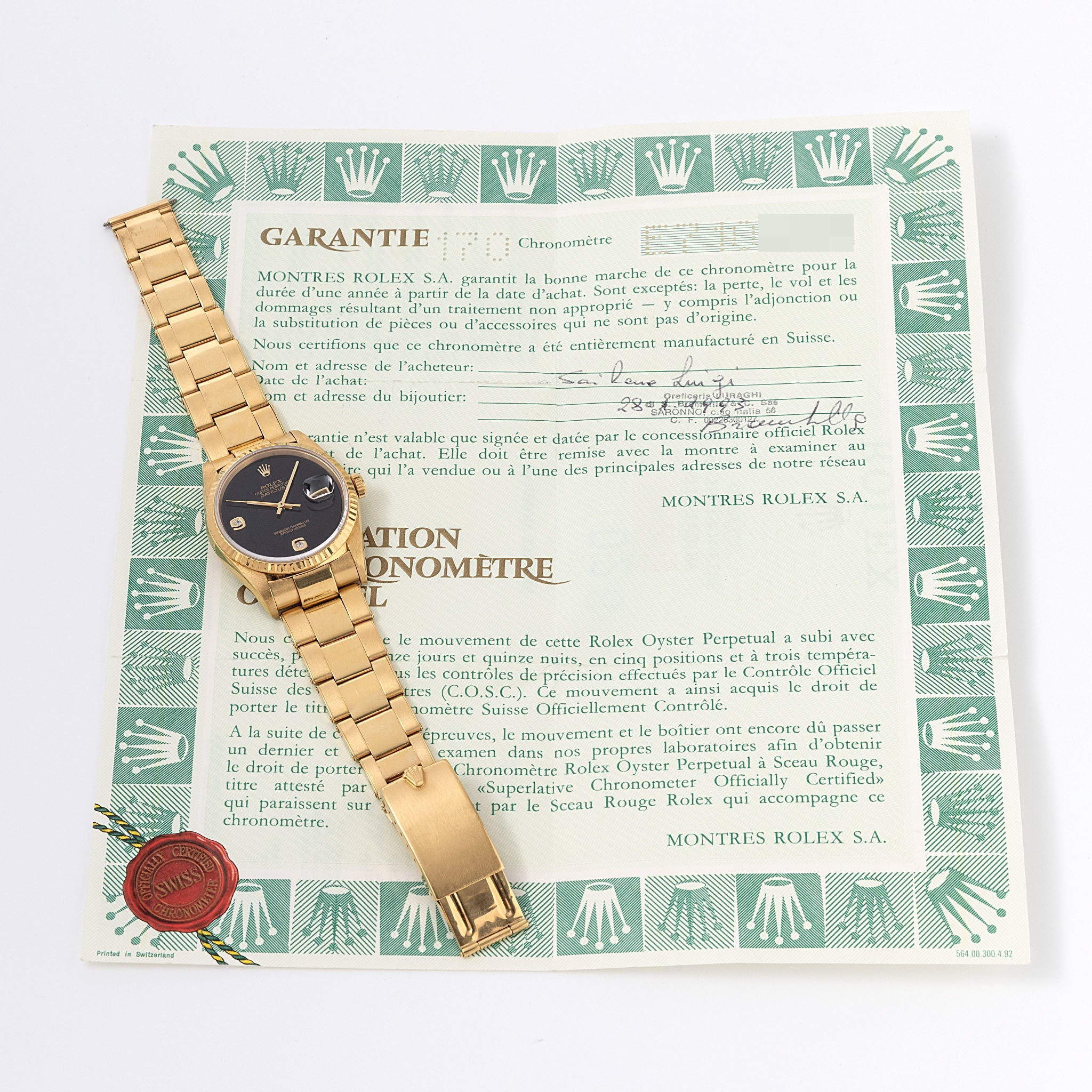 Rolex Datejust 16238 "Onyx 6-9 Diamond Dial" with Original Warranty Paper in 18k Yellow Gold