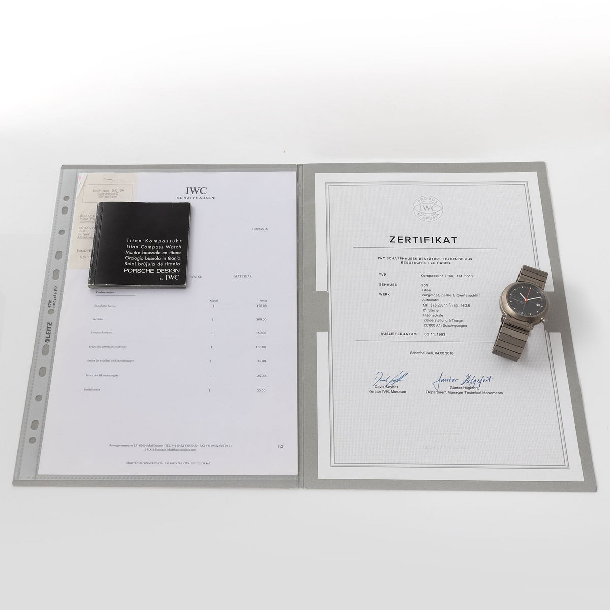 IWC/Porsche design compass watch in titanium ref 3511 with Certificate of Authenticity paper and IWC service invoice