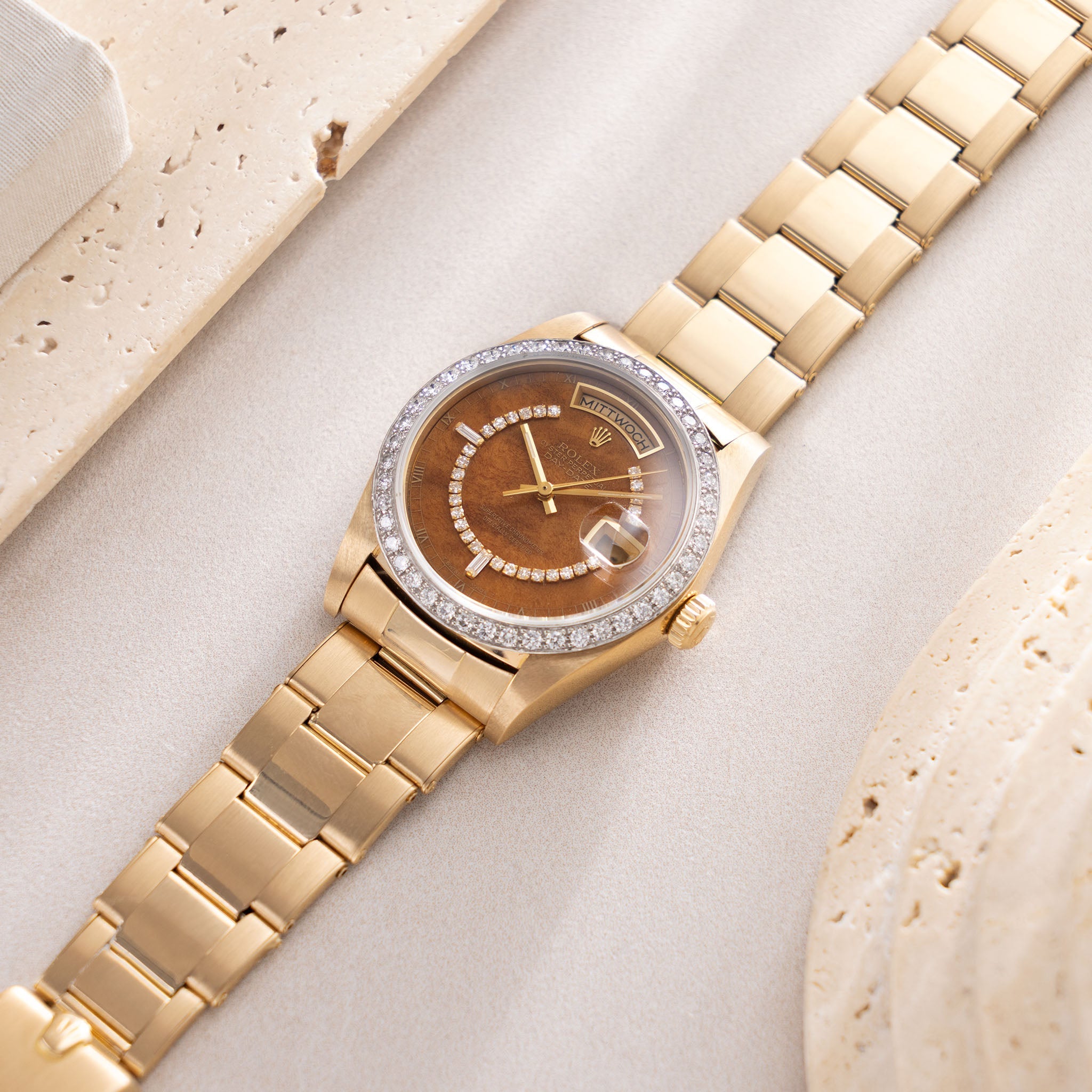 Rolex Day-date Wood Diamond string dial ref 18048 with Original Punched Guarantee Paper