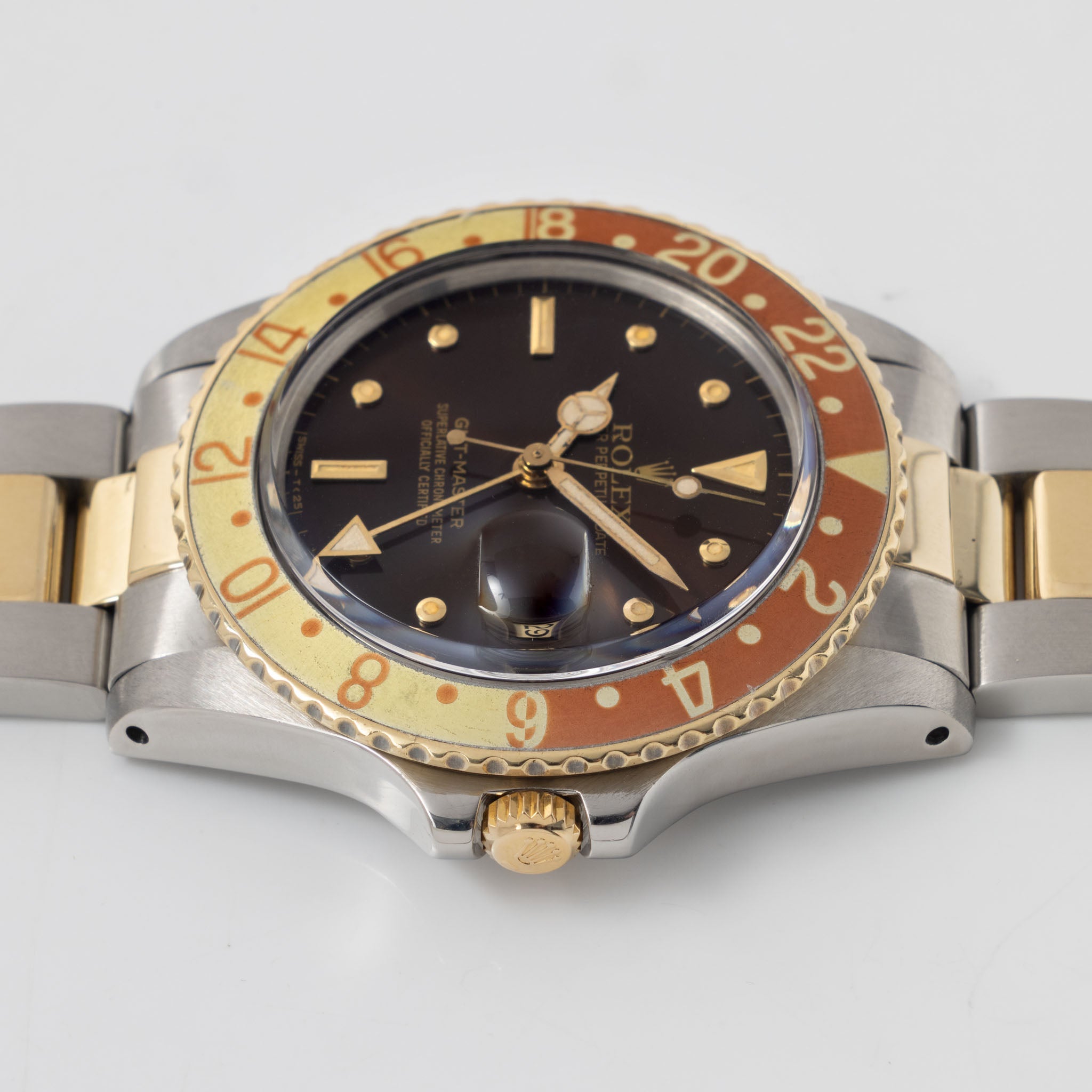 Rolex Gmt-master steel and gold Brown nipple dial box and punched paper set ref 16753