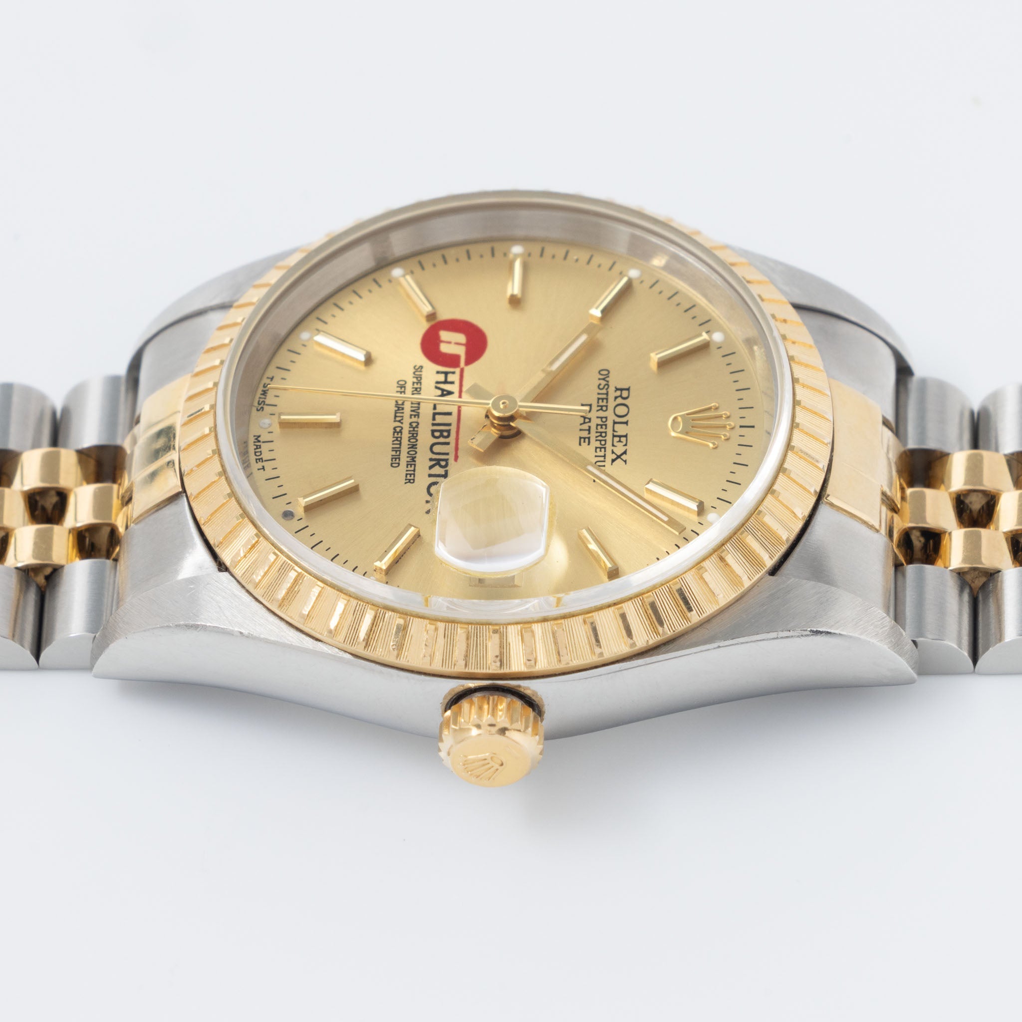Rolex Oyster Perpetual Date Champagne Halliburton Logo Dial Box and Paper Set in Steel and Gold ref. 15223