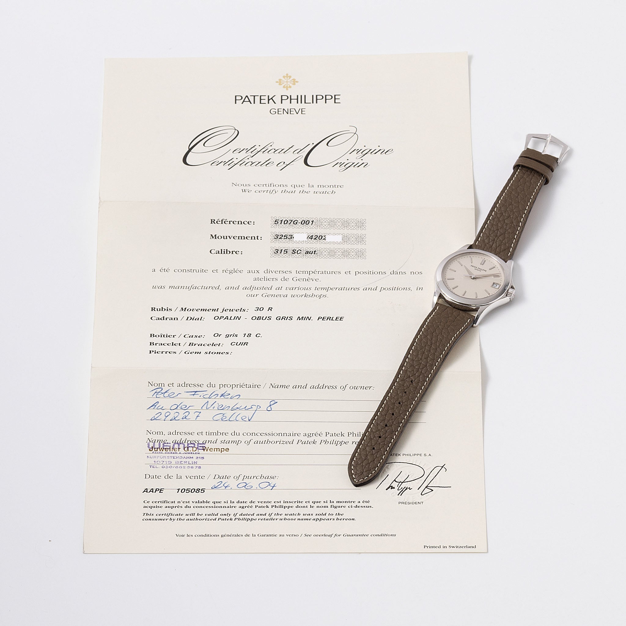 Patek Philippe Calatrava 5107G Silver dial Box and Paper Set in 18k White Gold sold by Wempe
