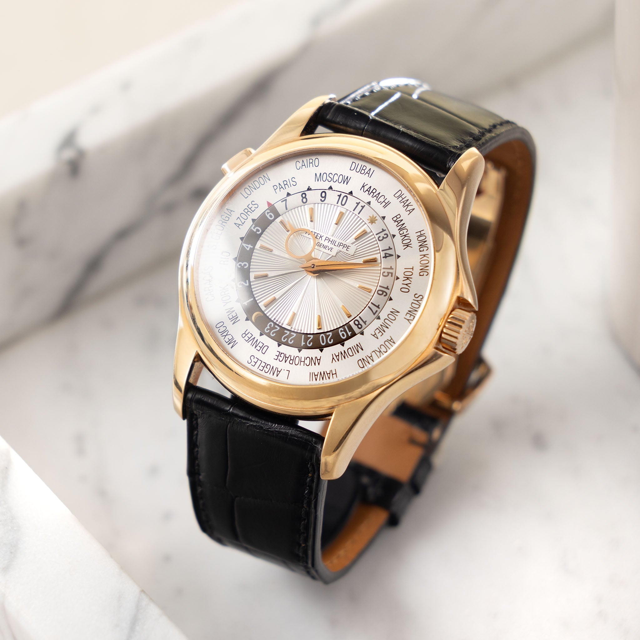Patek Philippe World Time ref 5130R Guilloché Dial in 18k Rose Gold wi