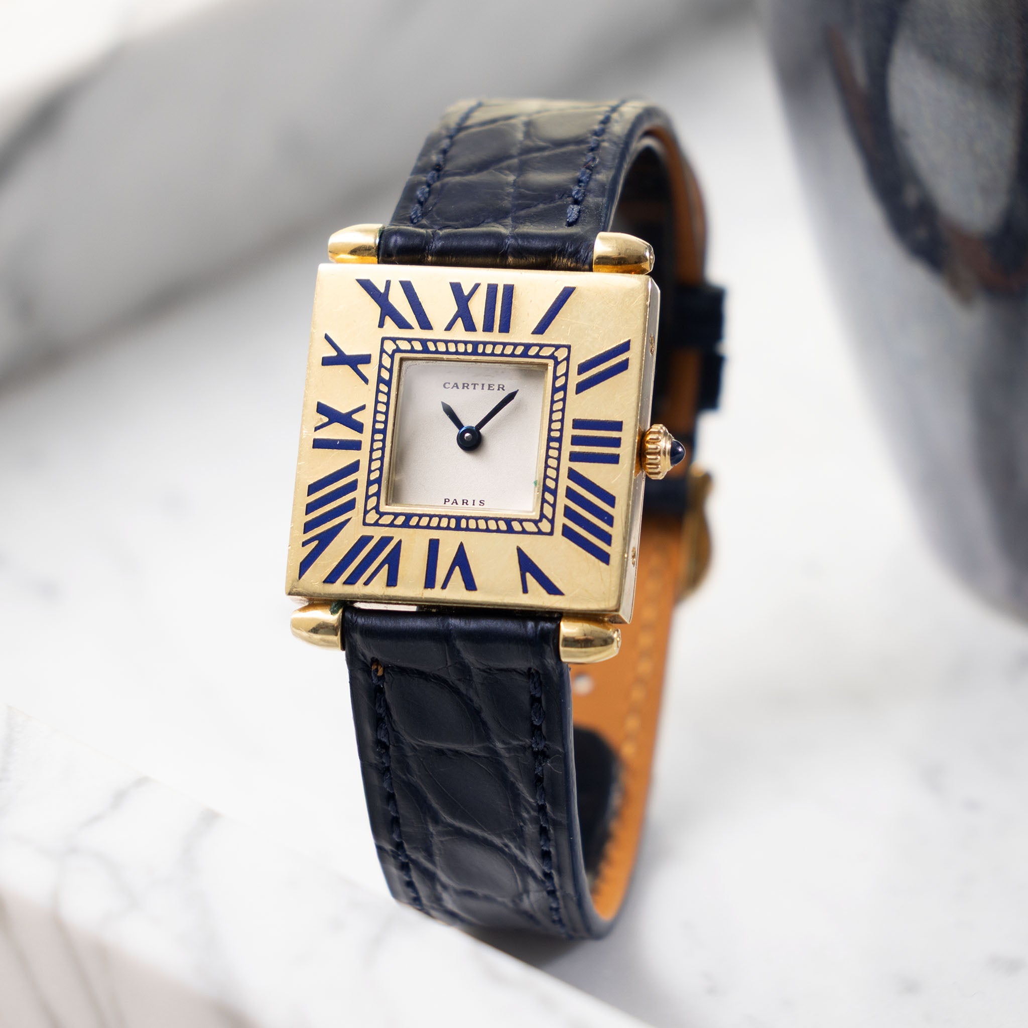 Cartier Obus Paris dial in 18 k yellow gold Blue enamel numerals
