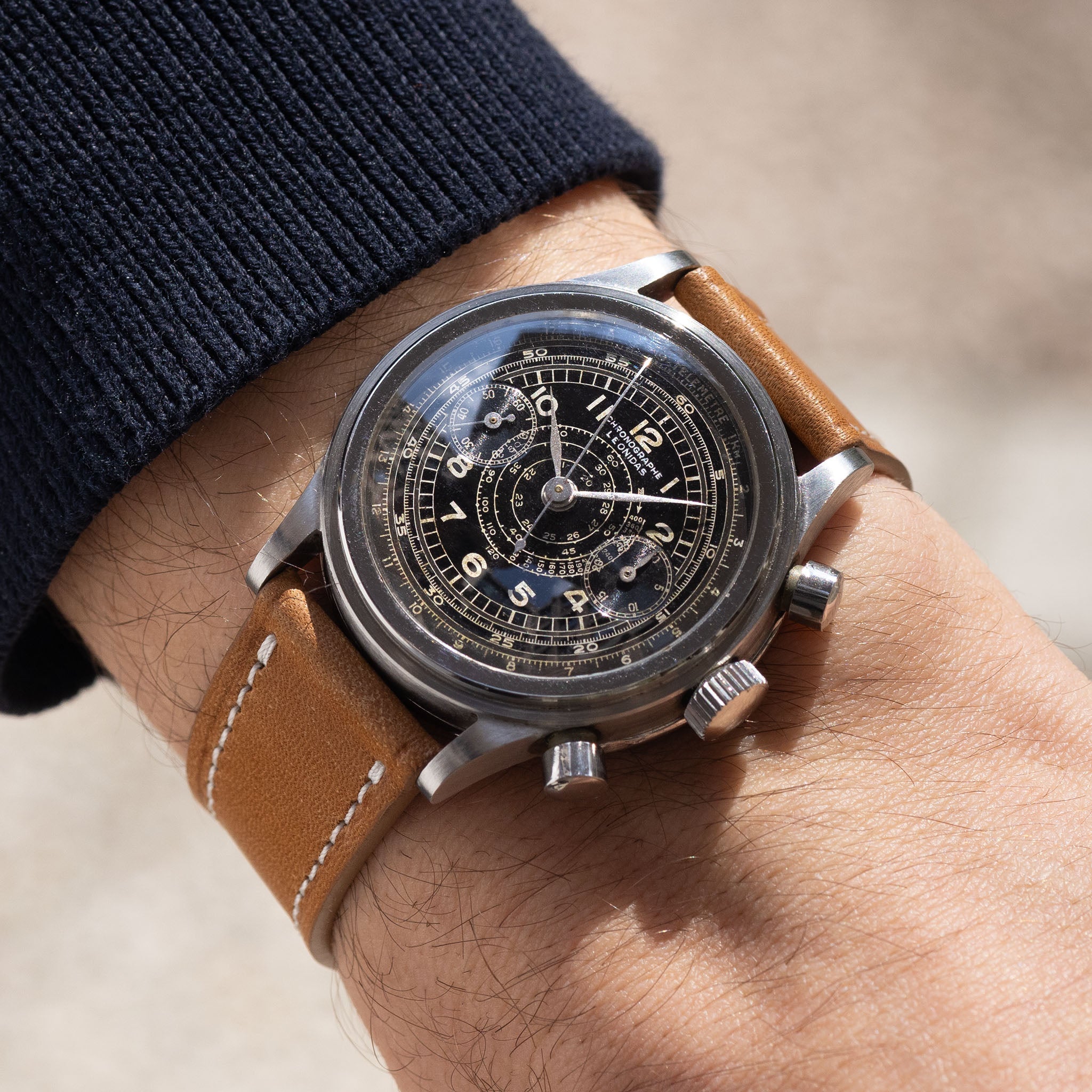 Leonidas Oversized Steel Step Case Millitary Style Chronograph Black D