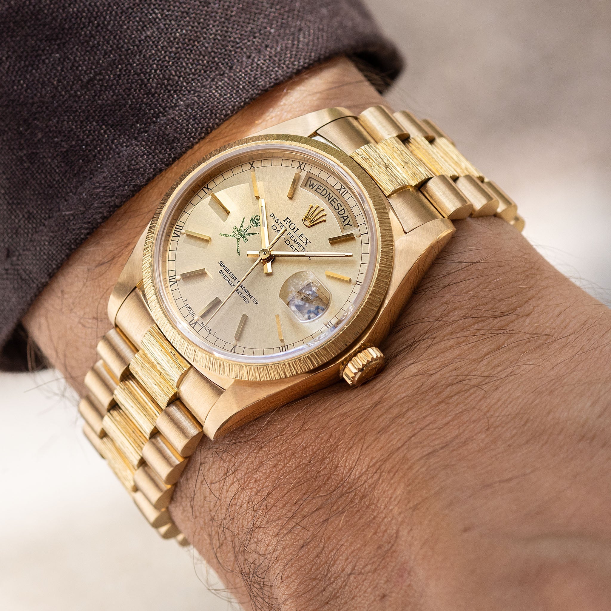Rolex Day-Date 18078 Green Khanjar Champagne Dial Bark Finish in 18k Y