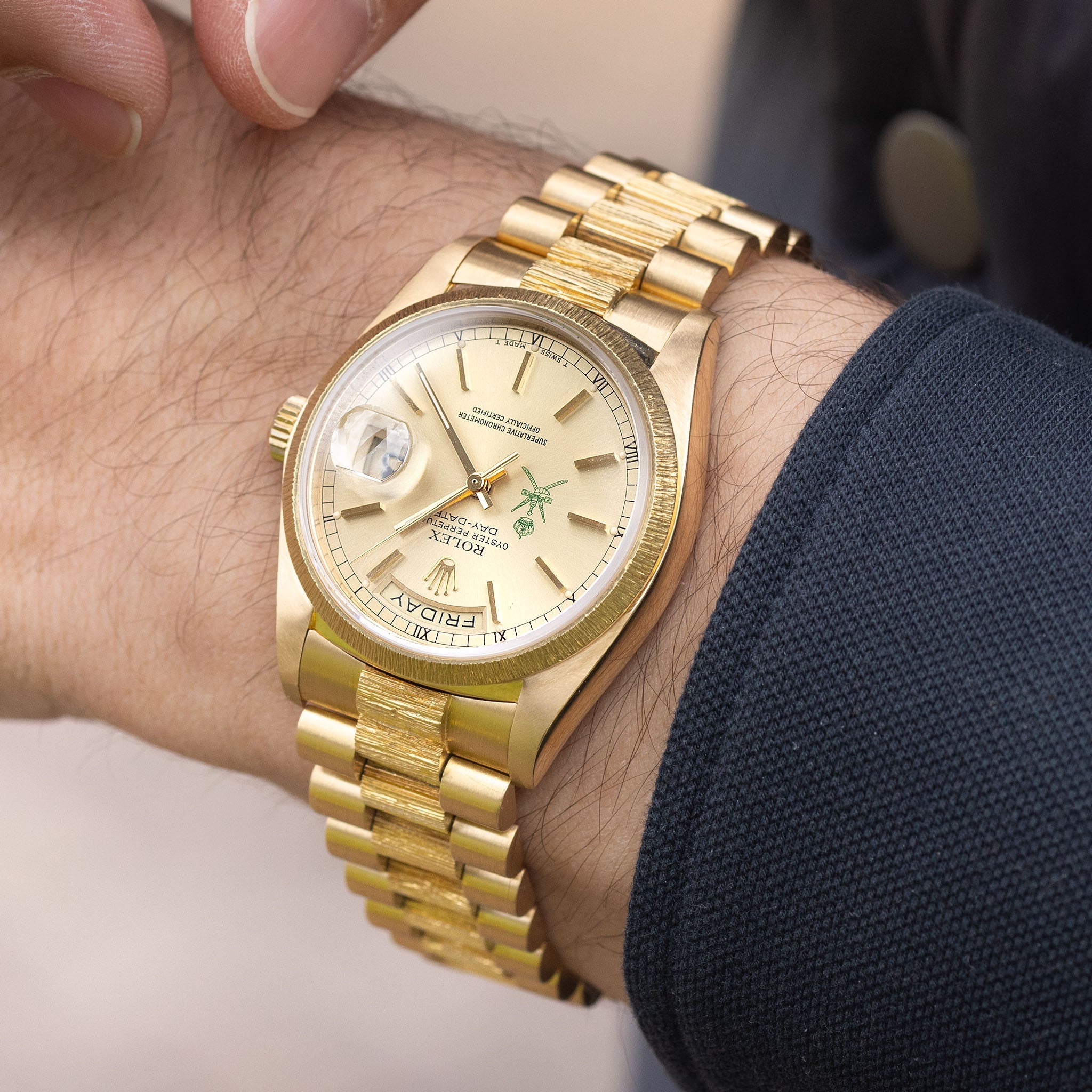 Rolex Day-Date 18078 Green Khanjar Champagne Dial Bark Finish in 18k Y