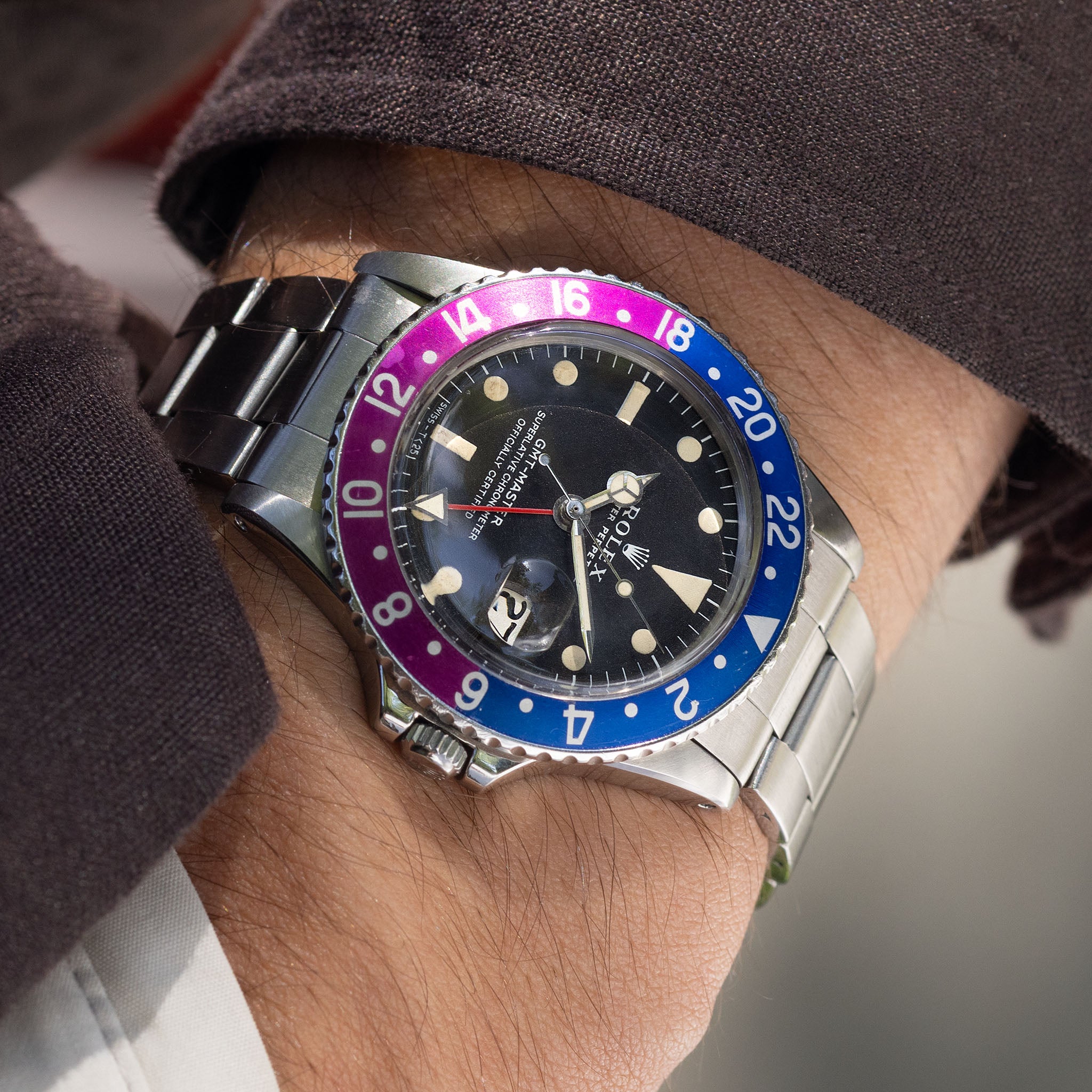 ROLEX GMTマスター バイオレット フクシア 1675 ベゼル インサート Rolex GMT-Master 1675 MK1 Long-E Dial Fuchsia Insert with Box and Acce