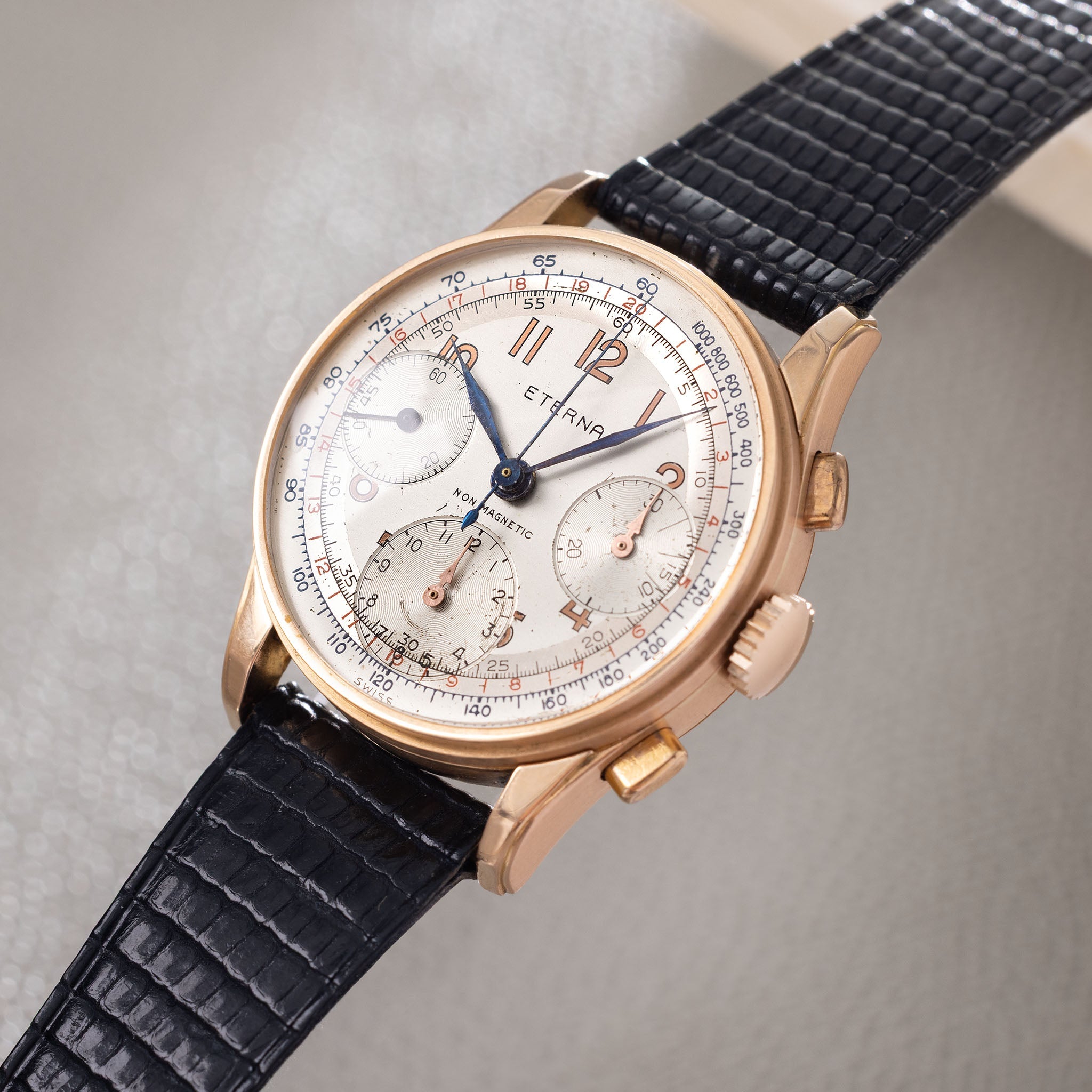 Eterna Three-Register 18k Rose Gold Chronograph Silver dial
