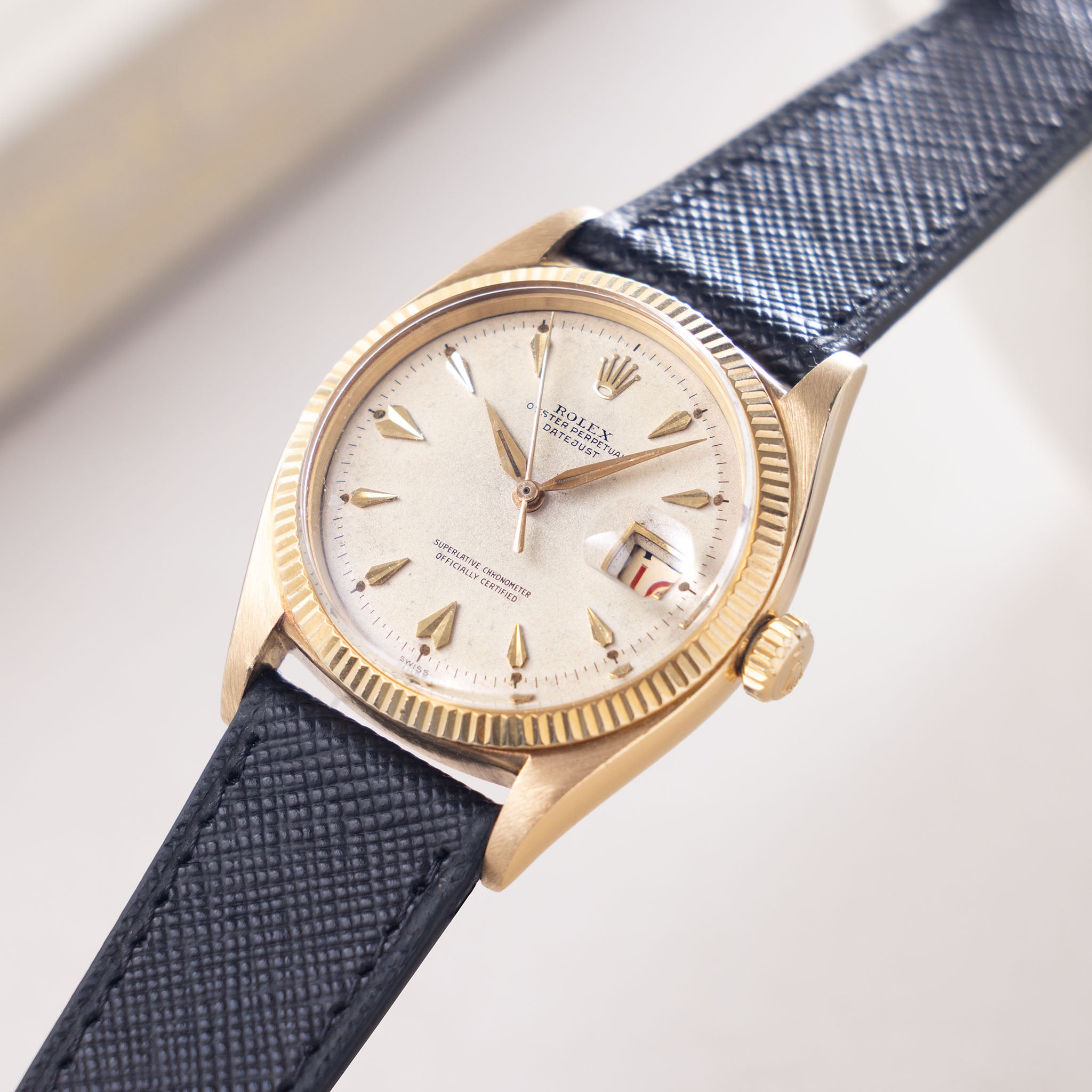 Rolex Datejust Cream dial with "Arrow head " markers in 18 k yellow gold ref 6605