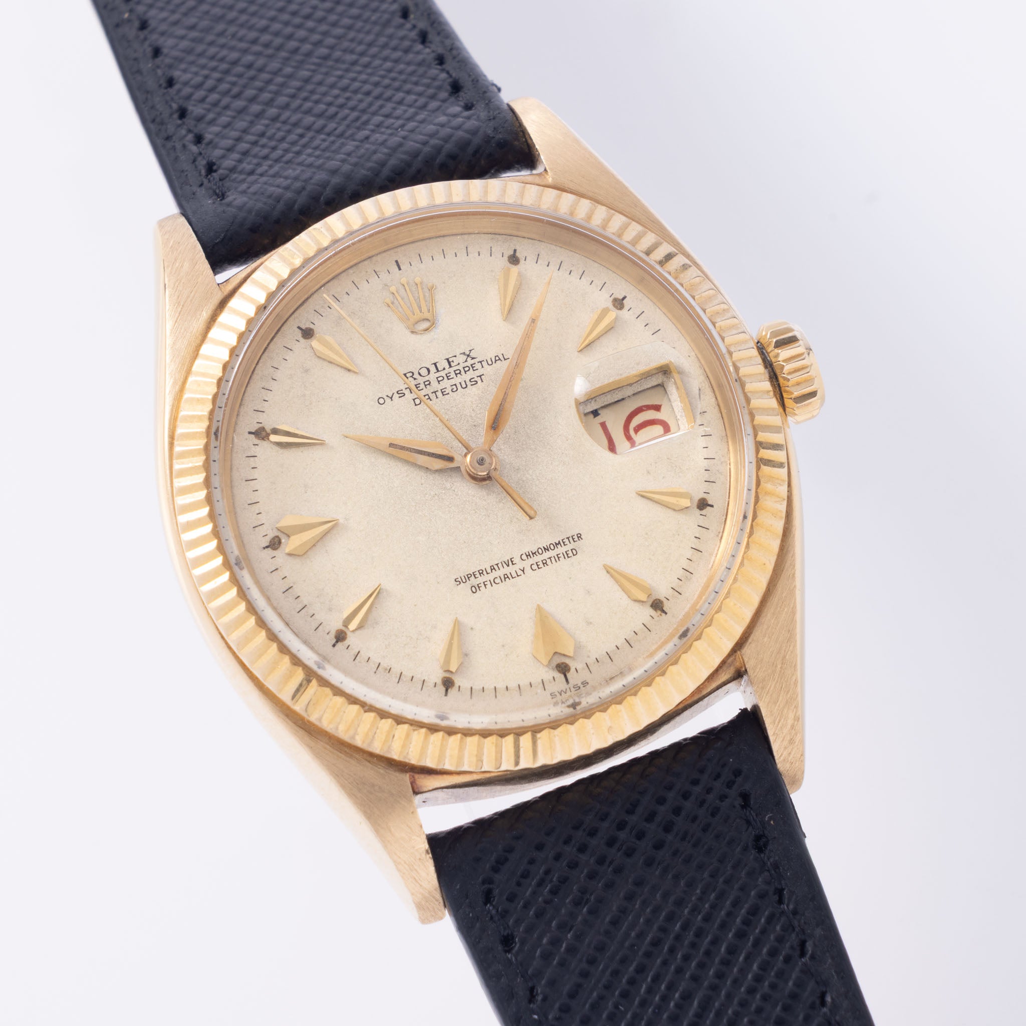 Rolex Datejust Cream dial with "Arrow head " markers in 18 k yellow gold ref 6605