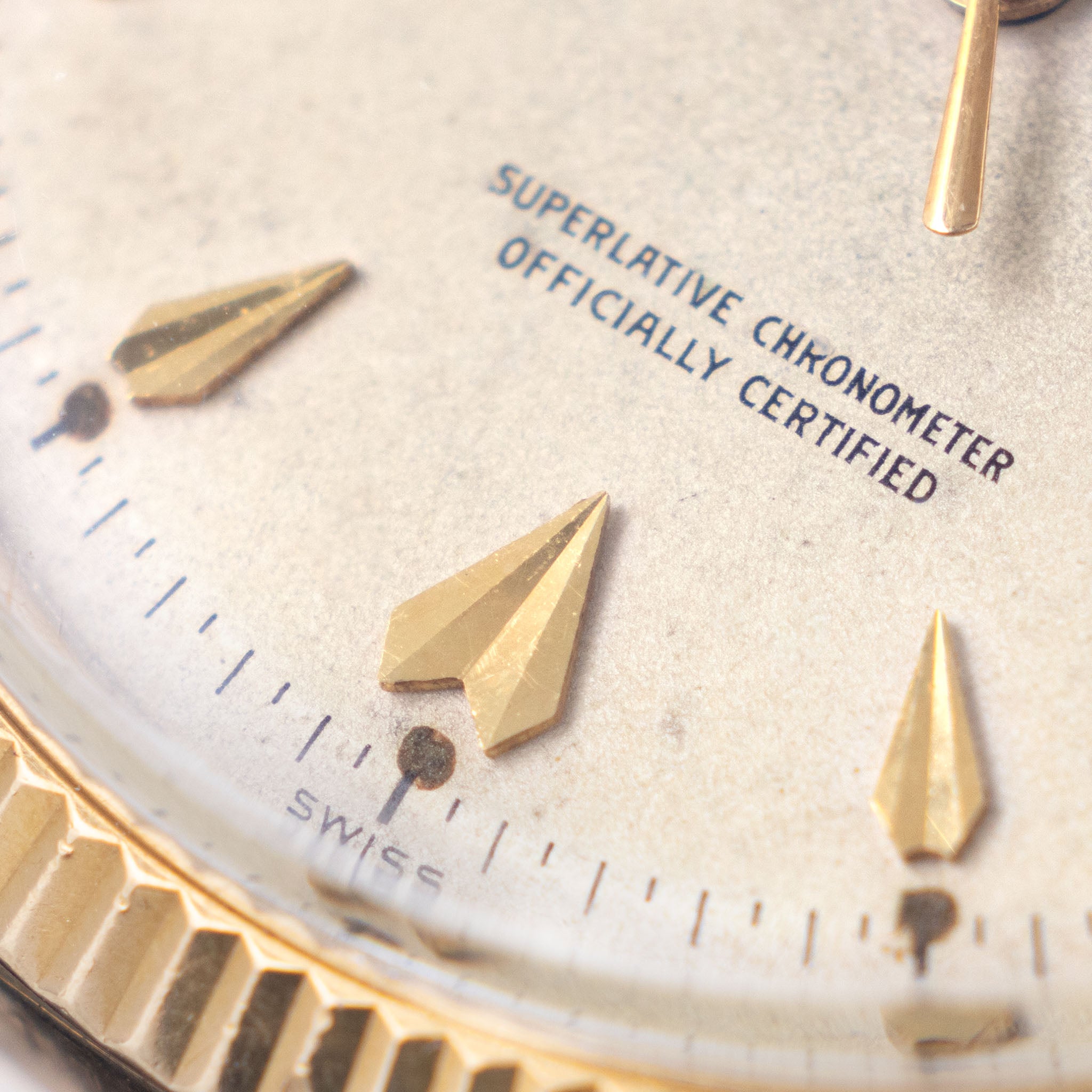 Rolex Datejust Cream dial with "Arrow head " markers in 18 k yellow gold ref 6605