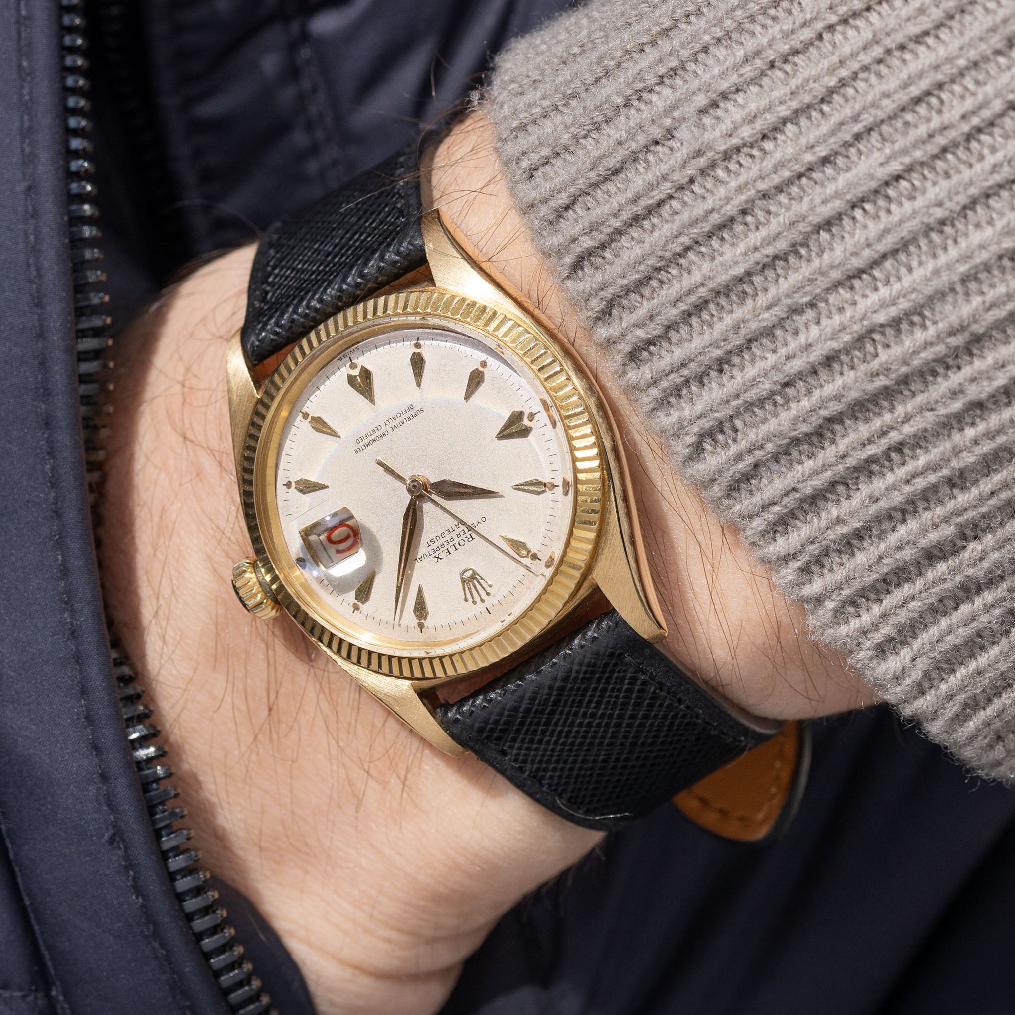 Rolex Datejust Cream dial with "Arrow head " markers in 18 k yellow gold ref 6605