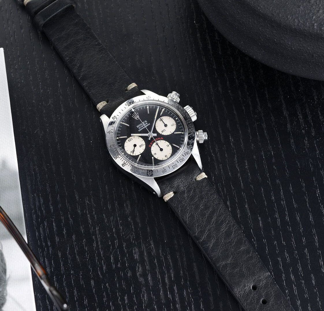 Black Leather Watch Strap on Rolex Daytona 6265