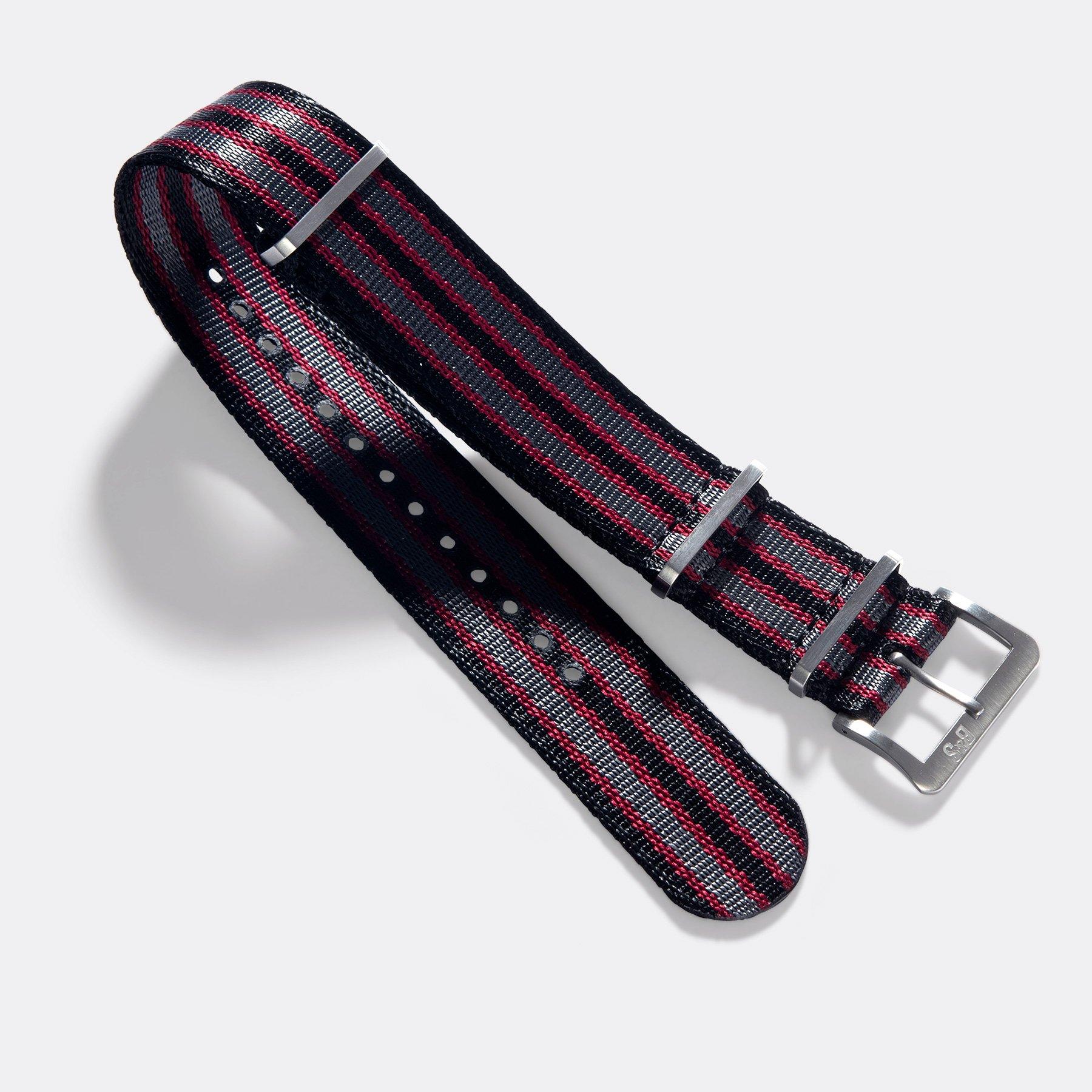 Deluxe Nylon Nato Watch Strap Black Two Stripes Grey Bordeaux Stripe