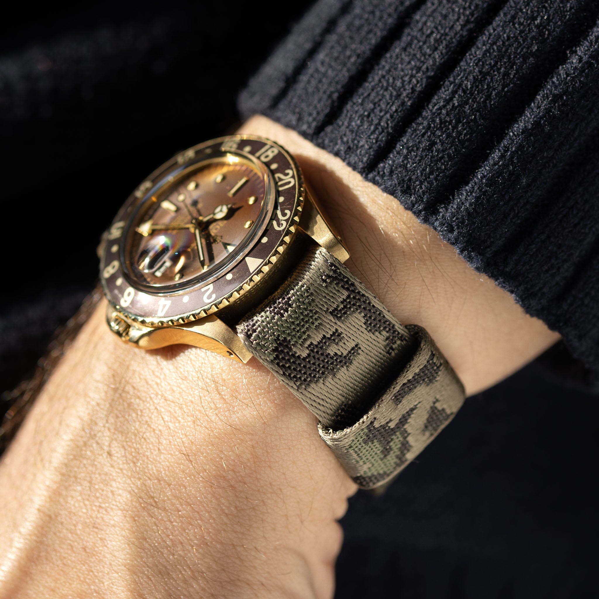 Camo Jacquard Nato Watch Strap For Rolex GMT 1675 Gold