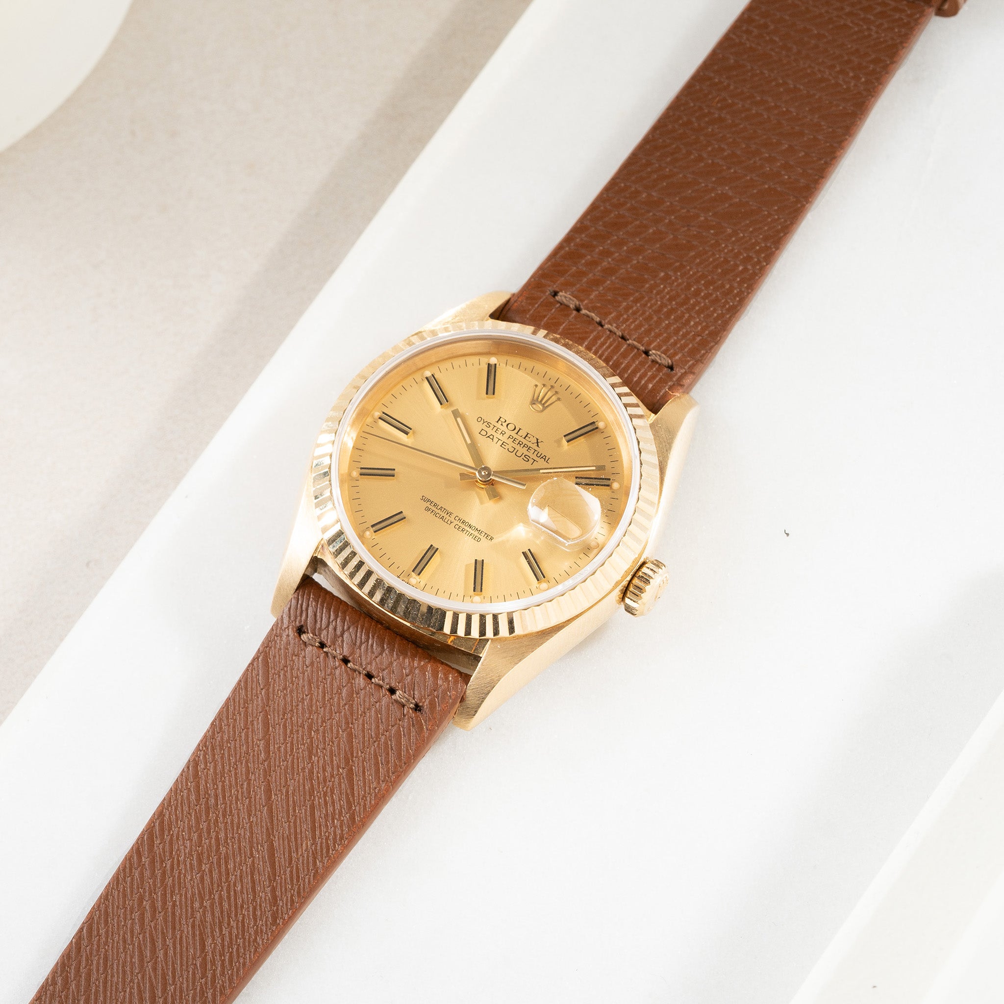 Luxury_Cocolate_Brown_Leather_Watch_Strap_Rolex_Datejust_Yellow_Gold_16018