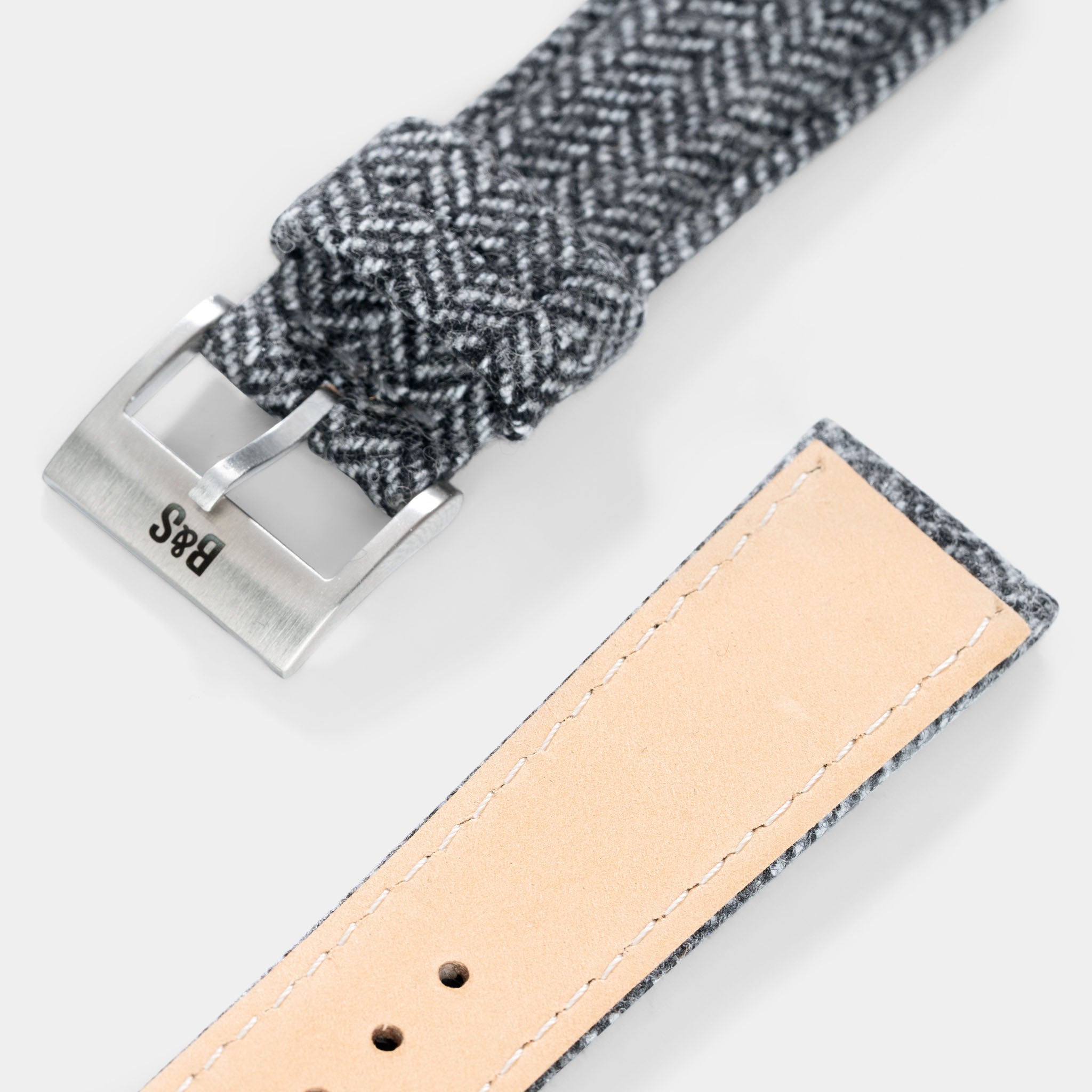 Herringbone Tweed Black Leather Watch Strap