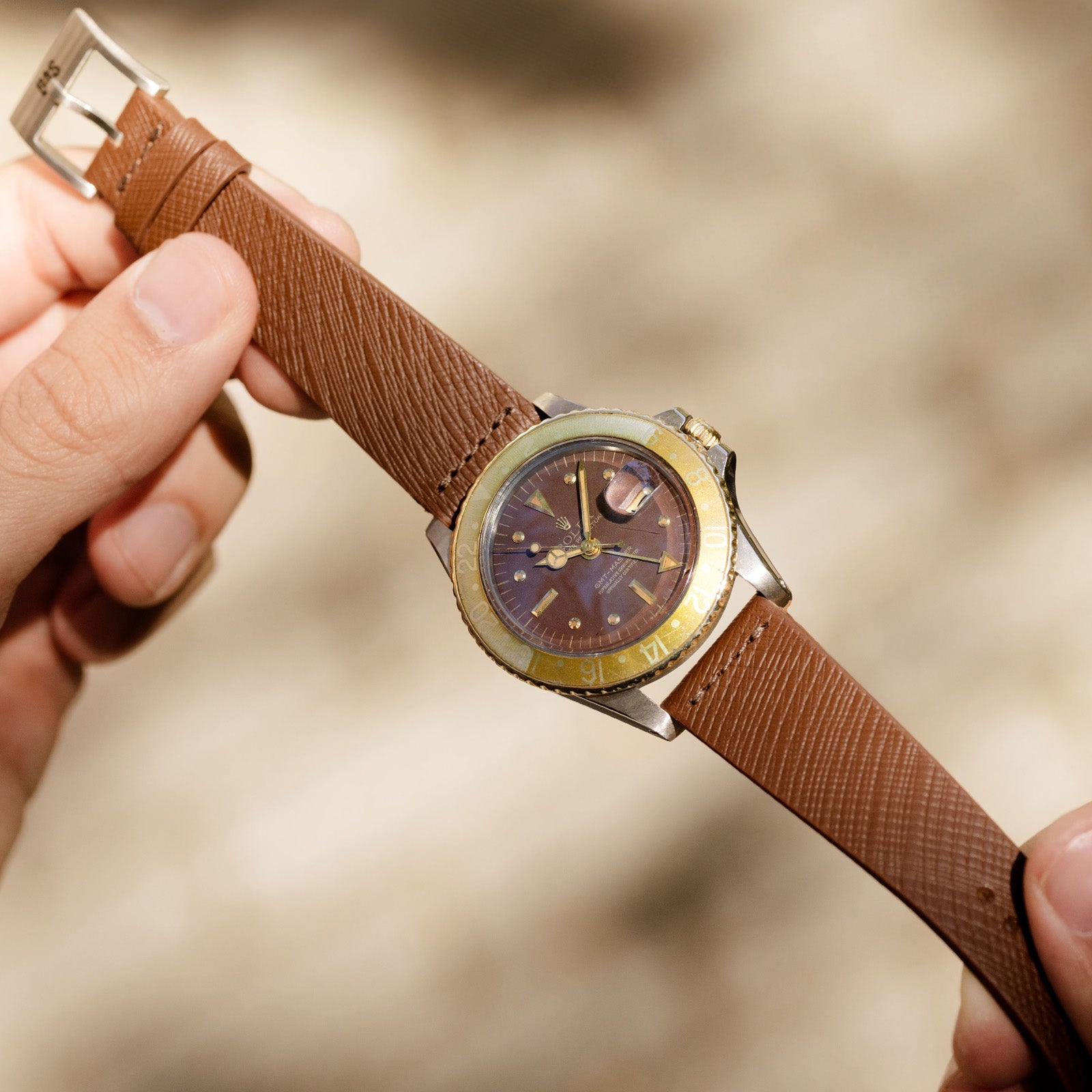 Elegant_Embossed_brown_Leather_Watch_Strap_Rolex_1675_Rootbeer