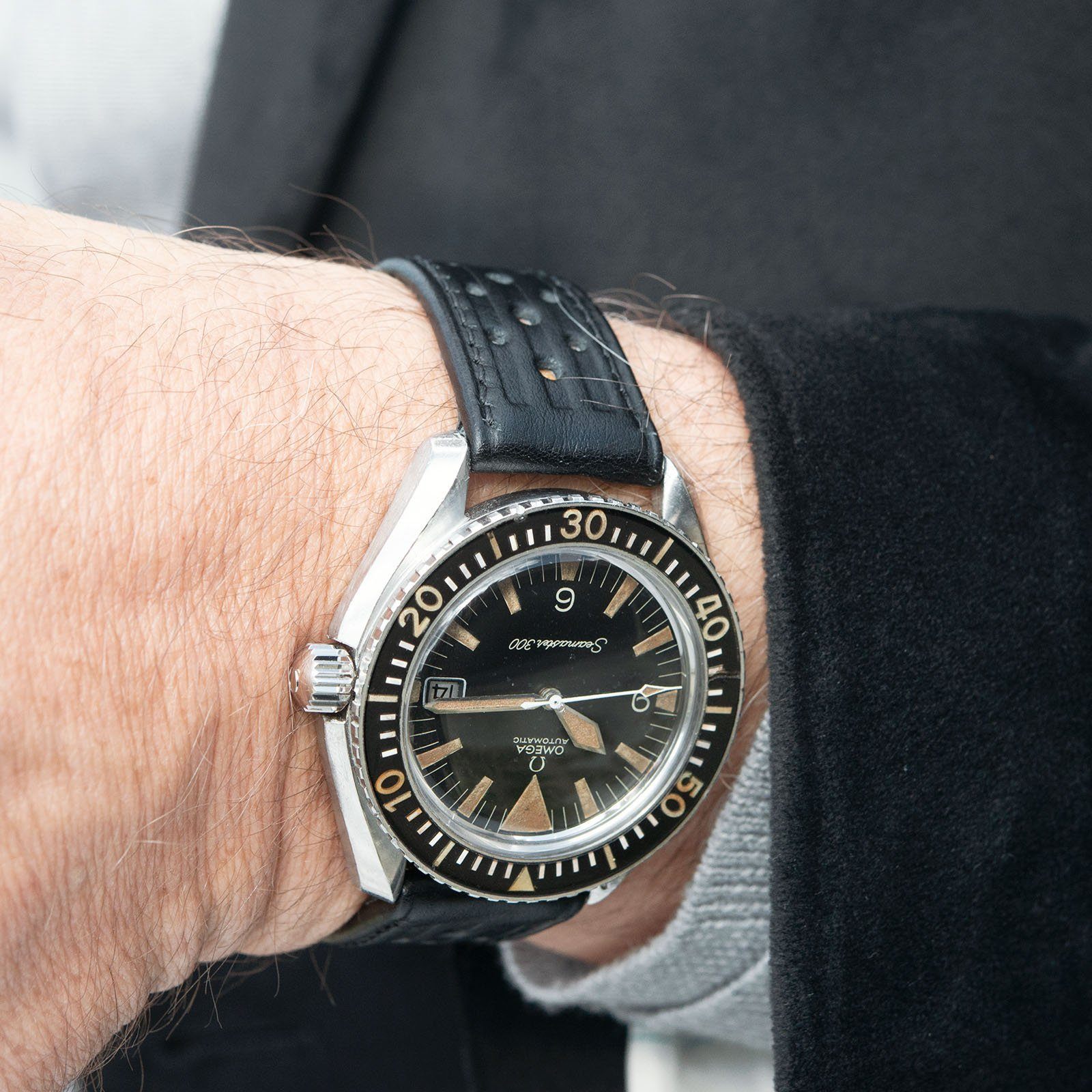 B&S Racing Black Speedy Leather Watch Strap on an Omega Seamaster
