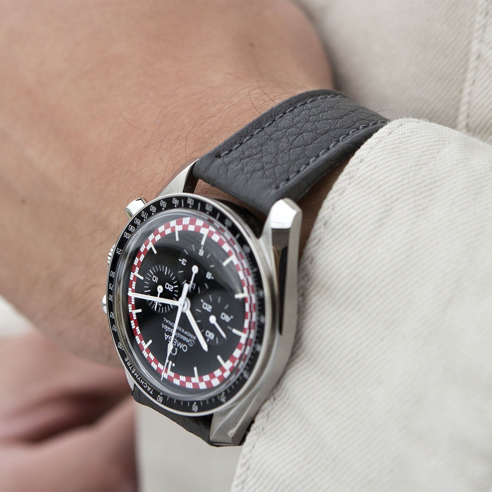B&S Taurillon Grey Heritage Leather Watch Strap on a Omega Speedmaster Tintin