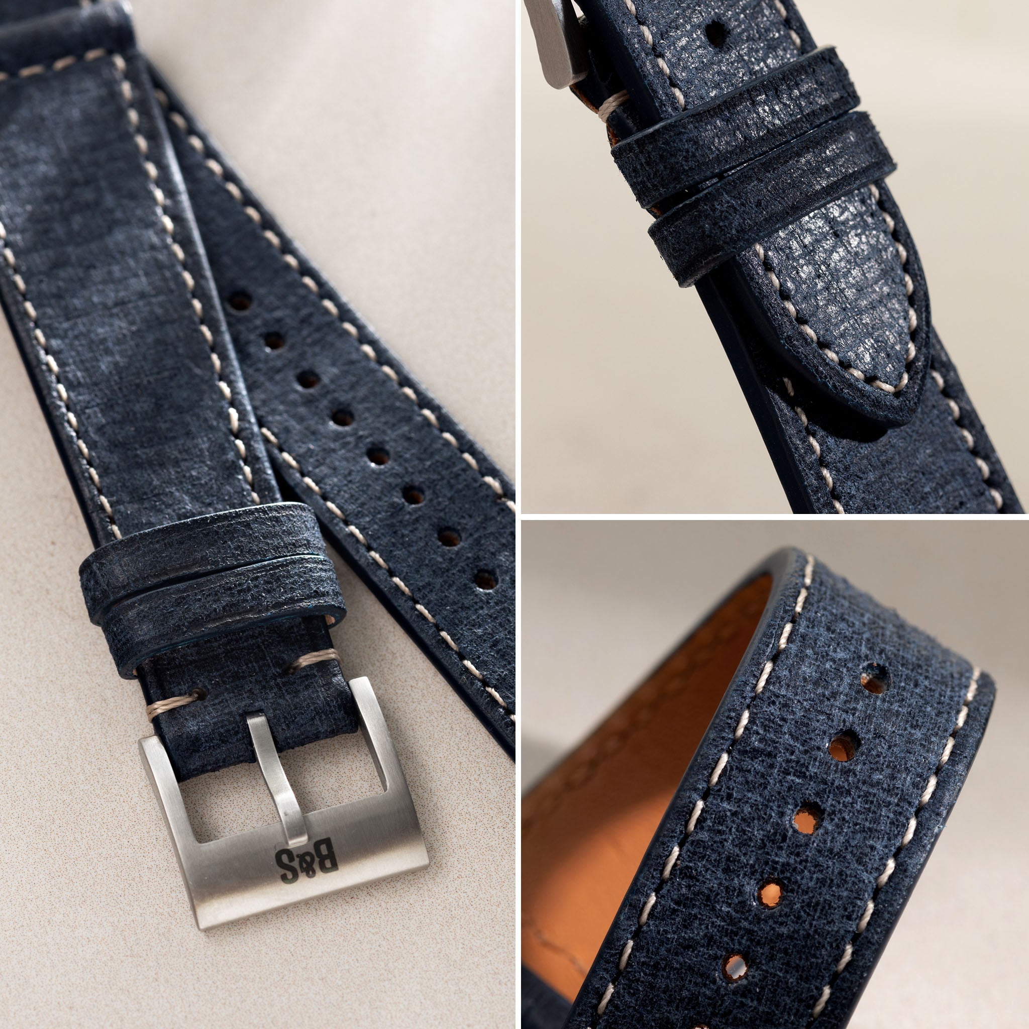 Strap for IWC Portofino - Linen Boxed Leather Denim Blue