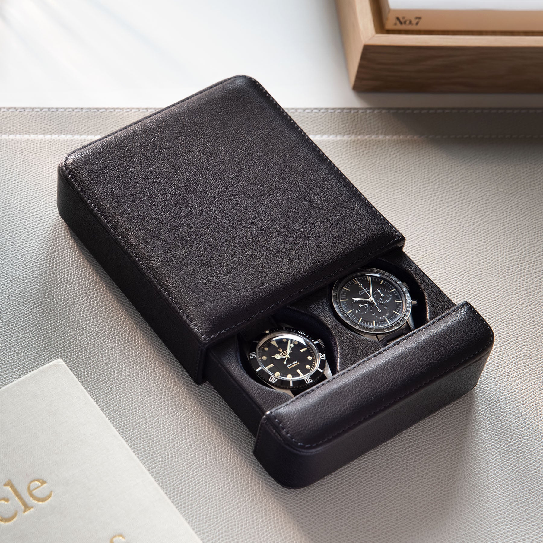 Black Leather 2 Watch Slider Box by Bulang and Sons