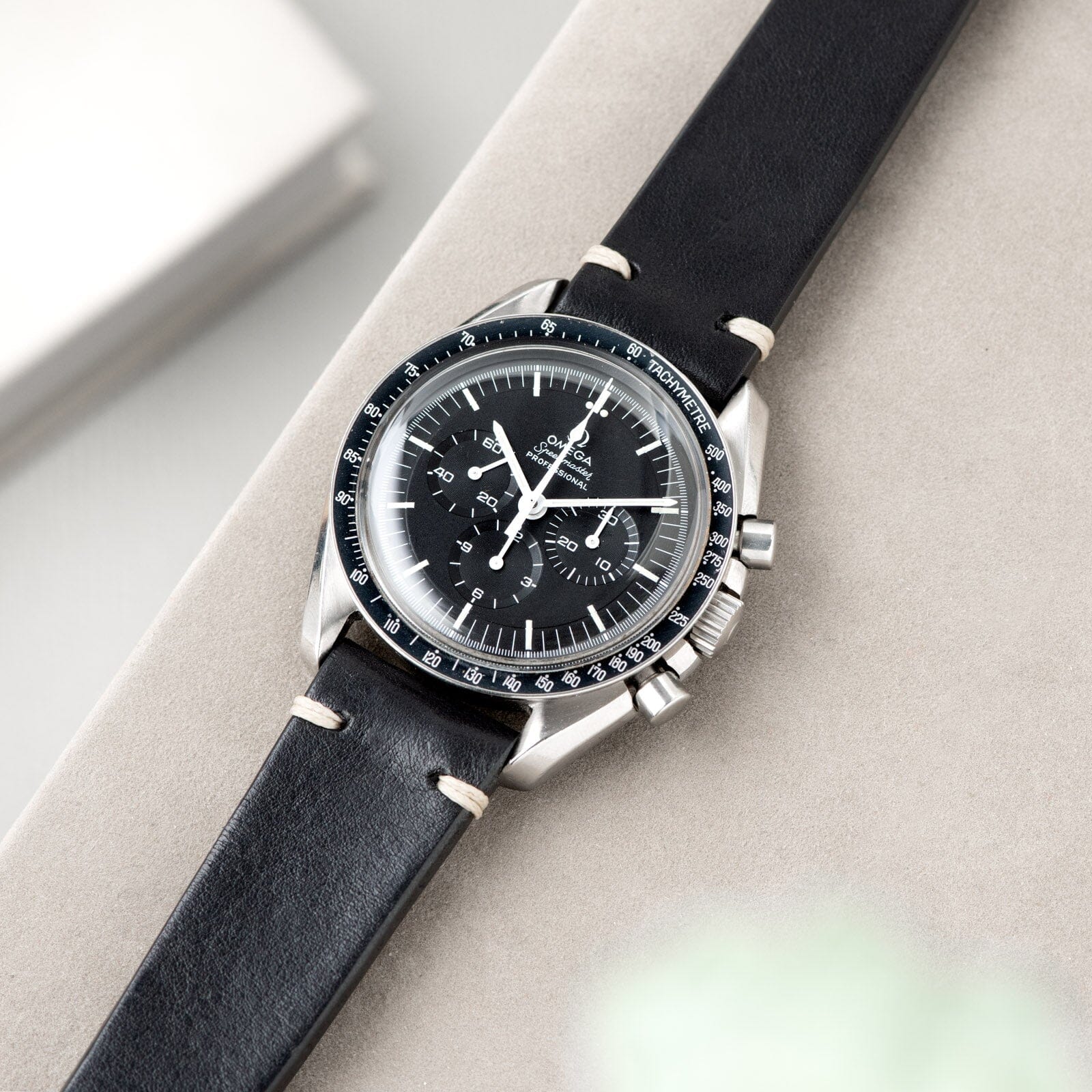 Black Leather Watch Strap on Omega SPeedmaster Professional