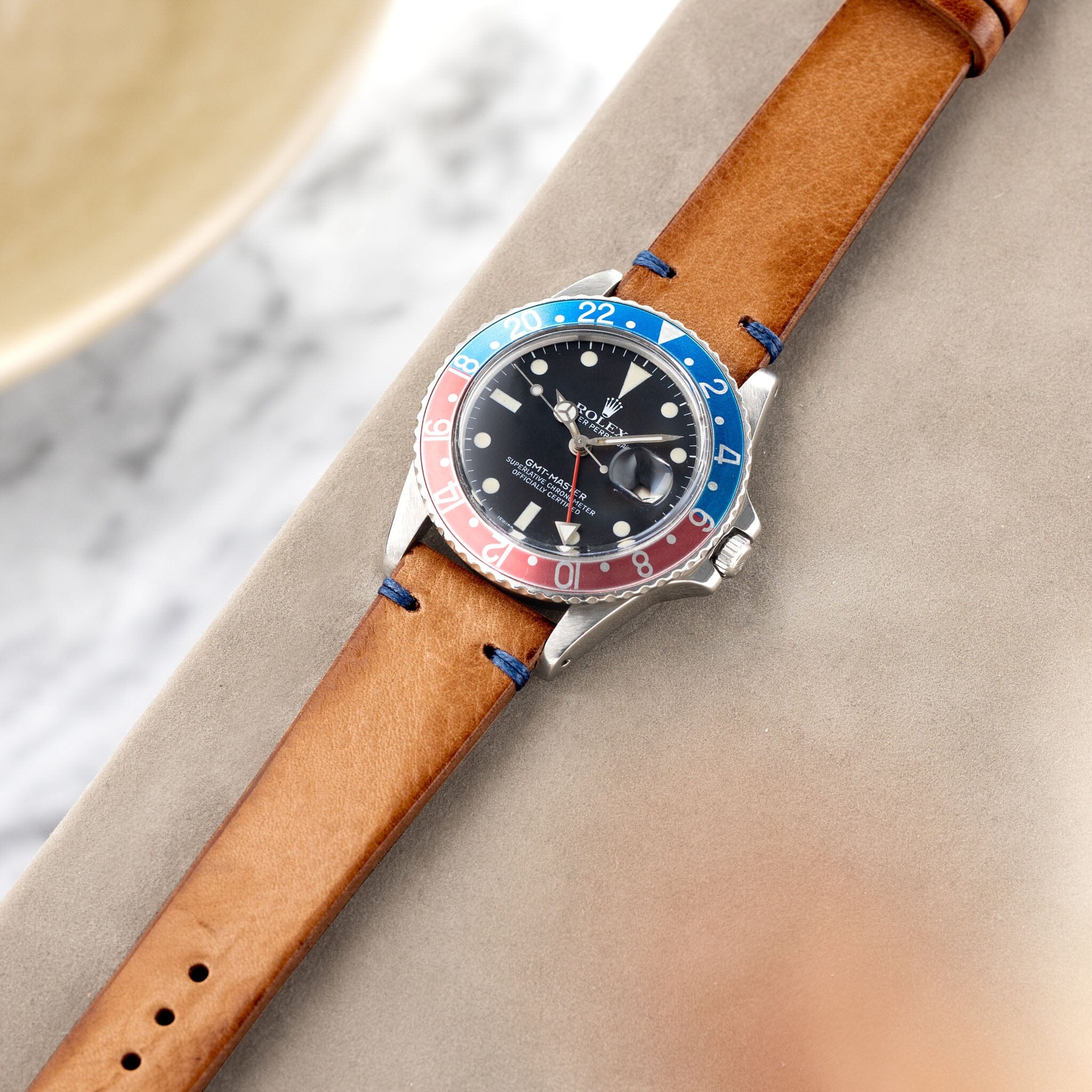 Caramel Brown Blue Stitch Leather Watch Strap