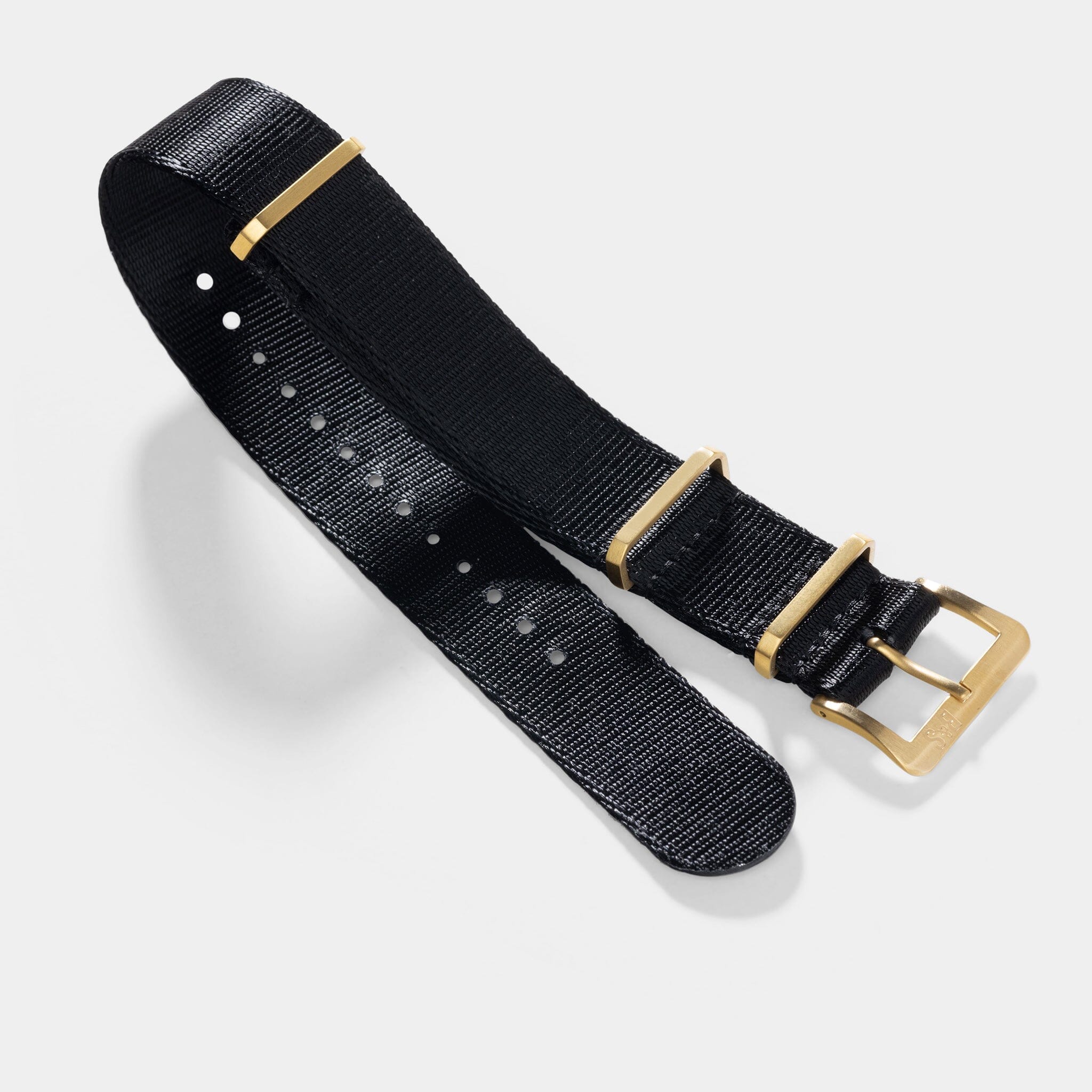 Deluxe Nylon Single Pass Watch Strap Pure Black - Gold Brushed