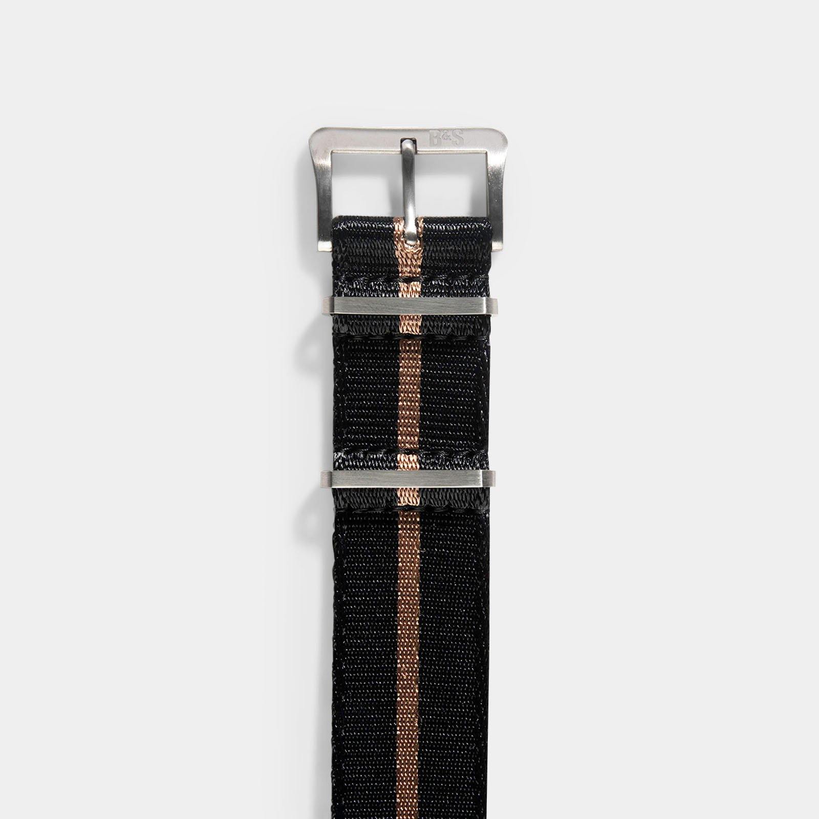 Deluxe Nylon Single Pass Watch Strap Black One Stripe Bronze