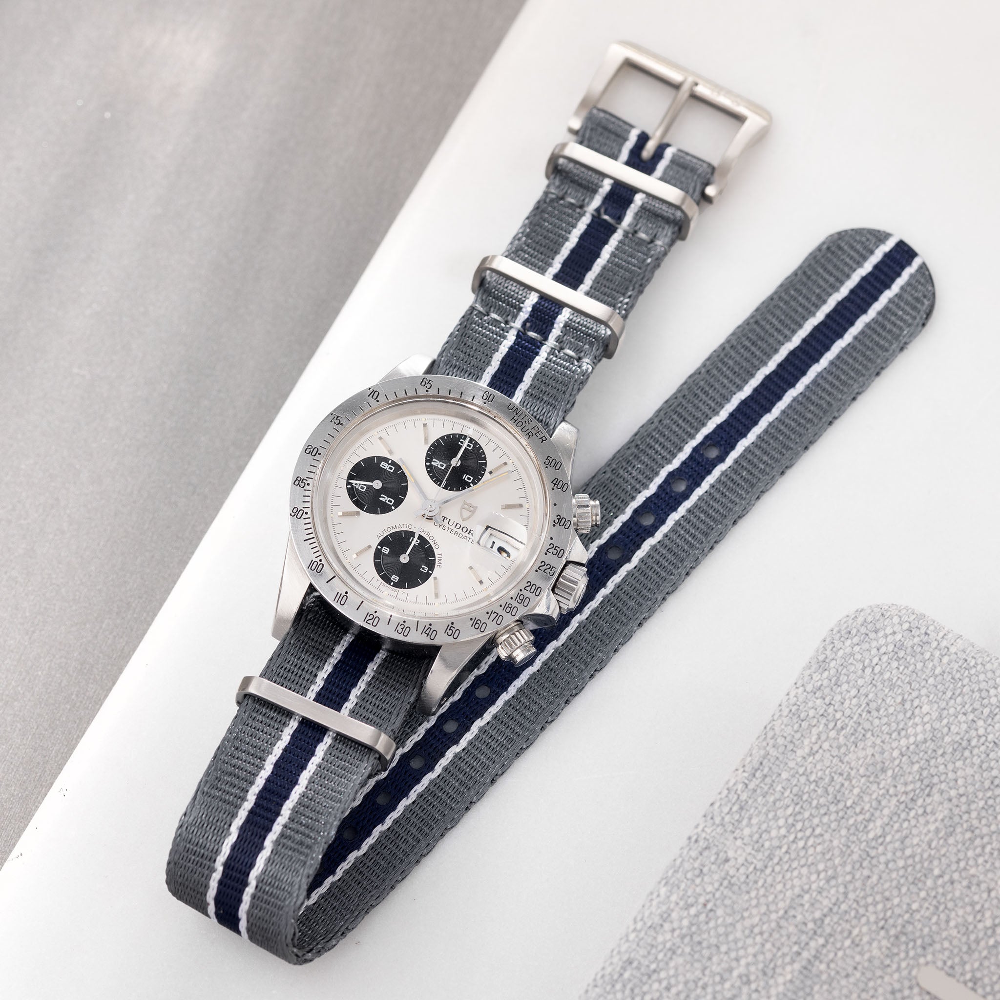 Deluxe Nylon Single Pass Watch Strap Grey One Stripe Blue