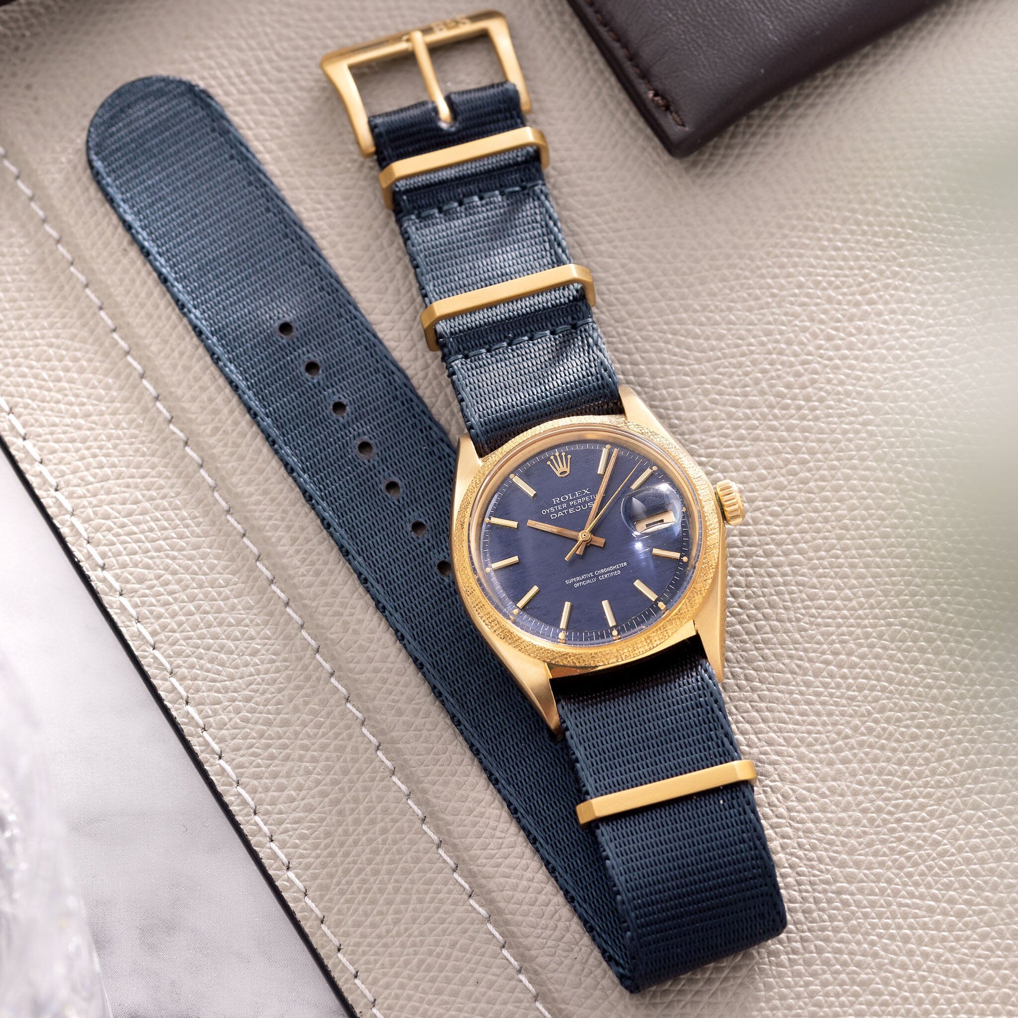 Deluxe Nylon Single Pass Watch Strap Navy Blue - Gold Brushed