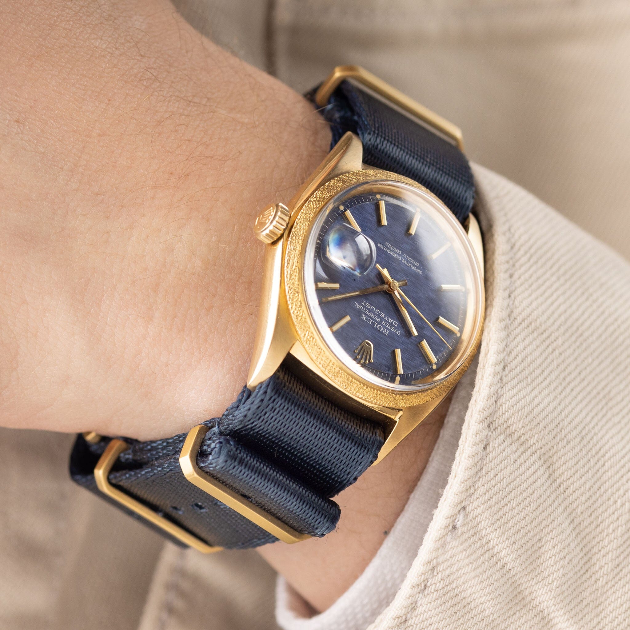 Deluxe Nylon Single Pass Watch Strap Navy Blue - Gold Brushed