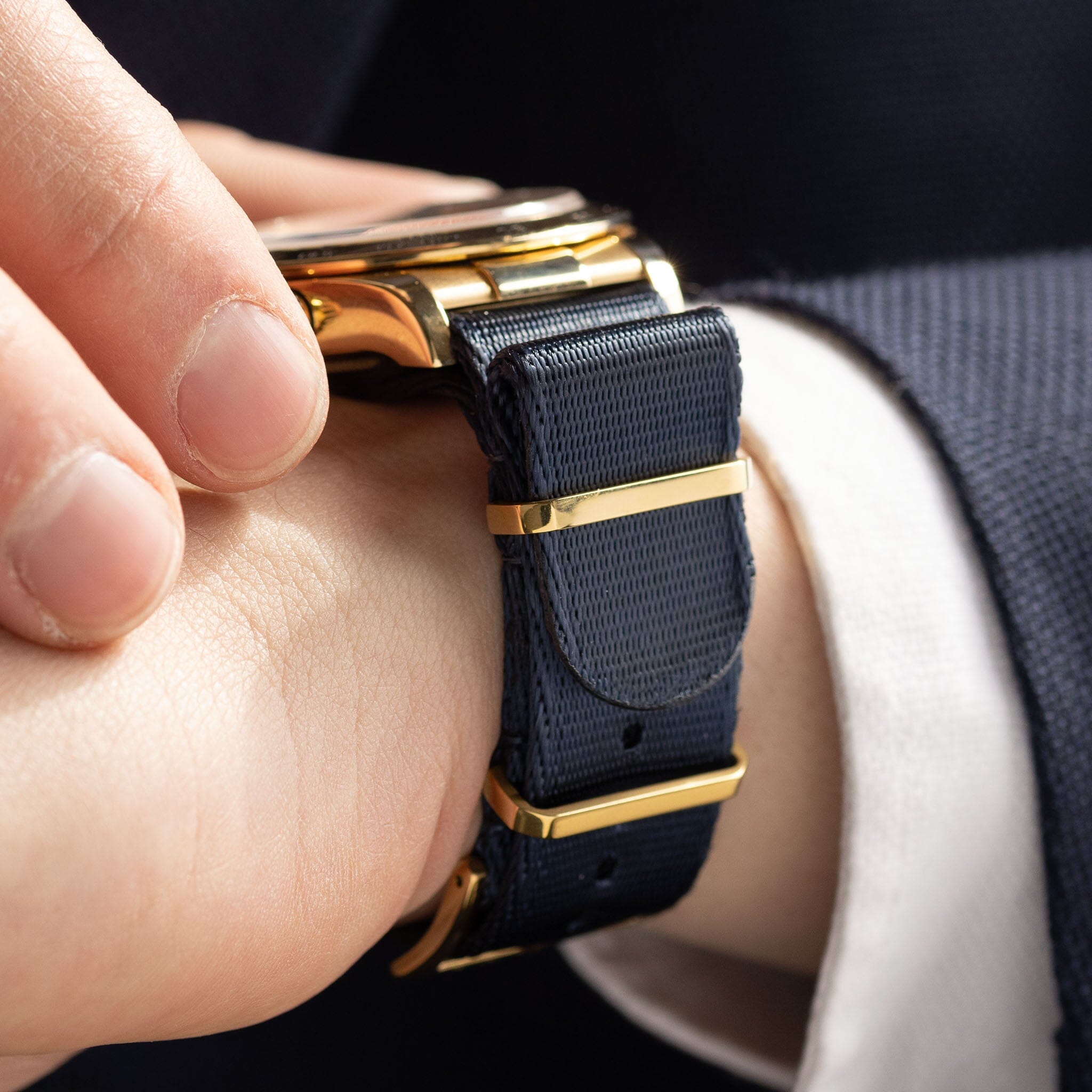 Deluxe Nylon Single Pass Watch Strap Navy Blue - Gold