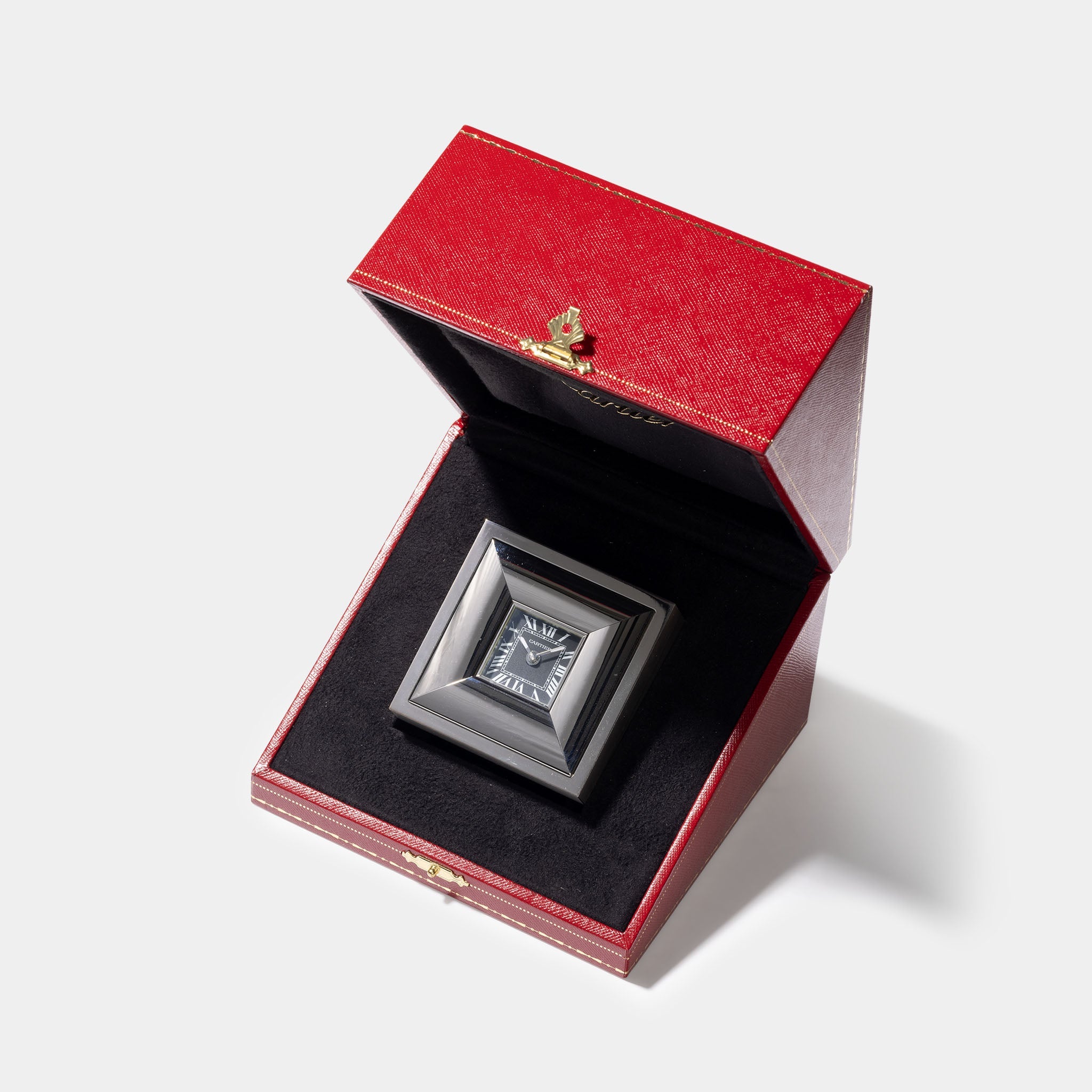 Cartier Travel / Desk Alarm Clock in Palladium -Chrome finish ref 2745 with Original Box and Guarantee Certificate