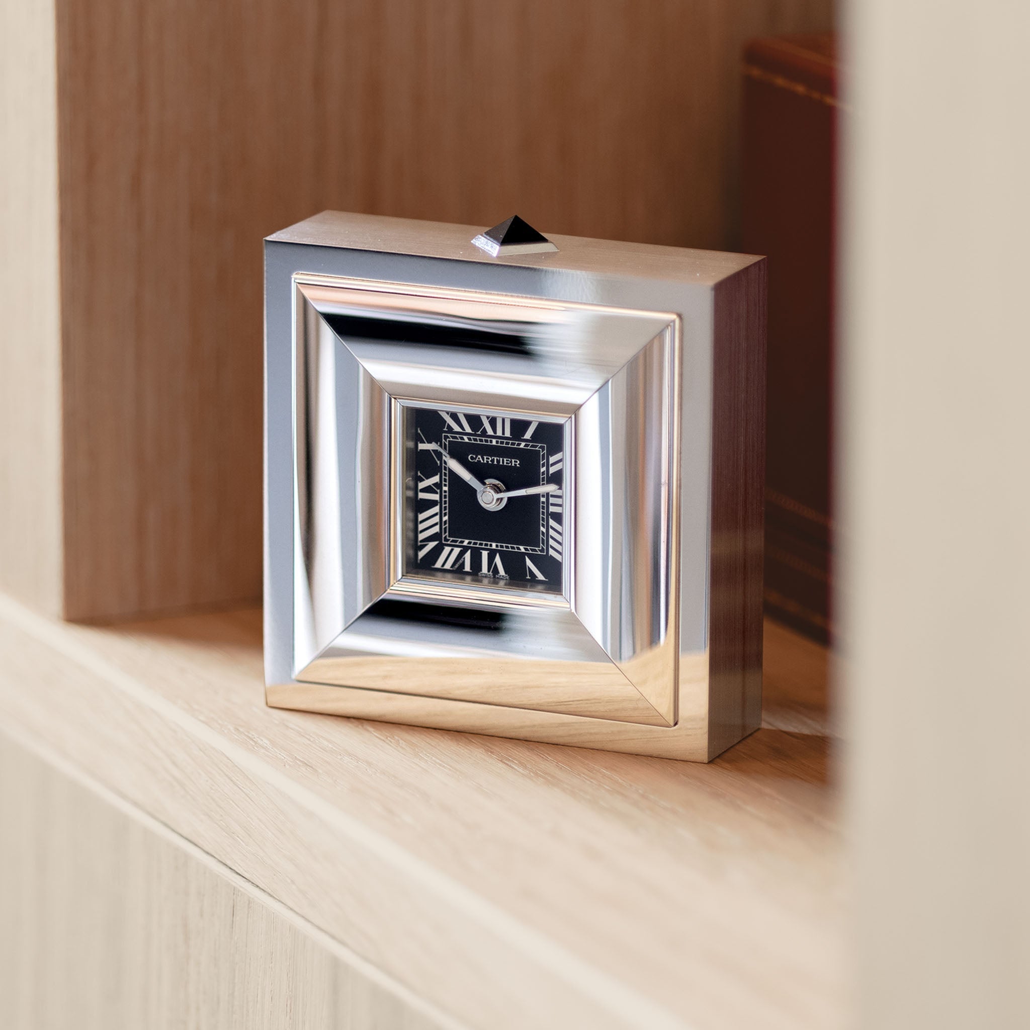 Cartier Travel / Desk Alarm Clock in Palladium -Chrome finish ref 2745 with Original Box and Guarantee Certificate