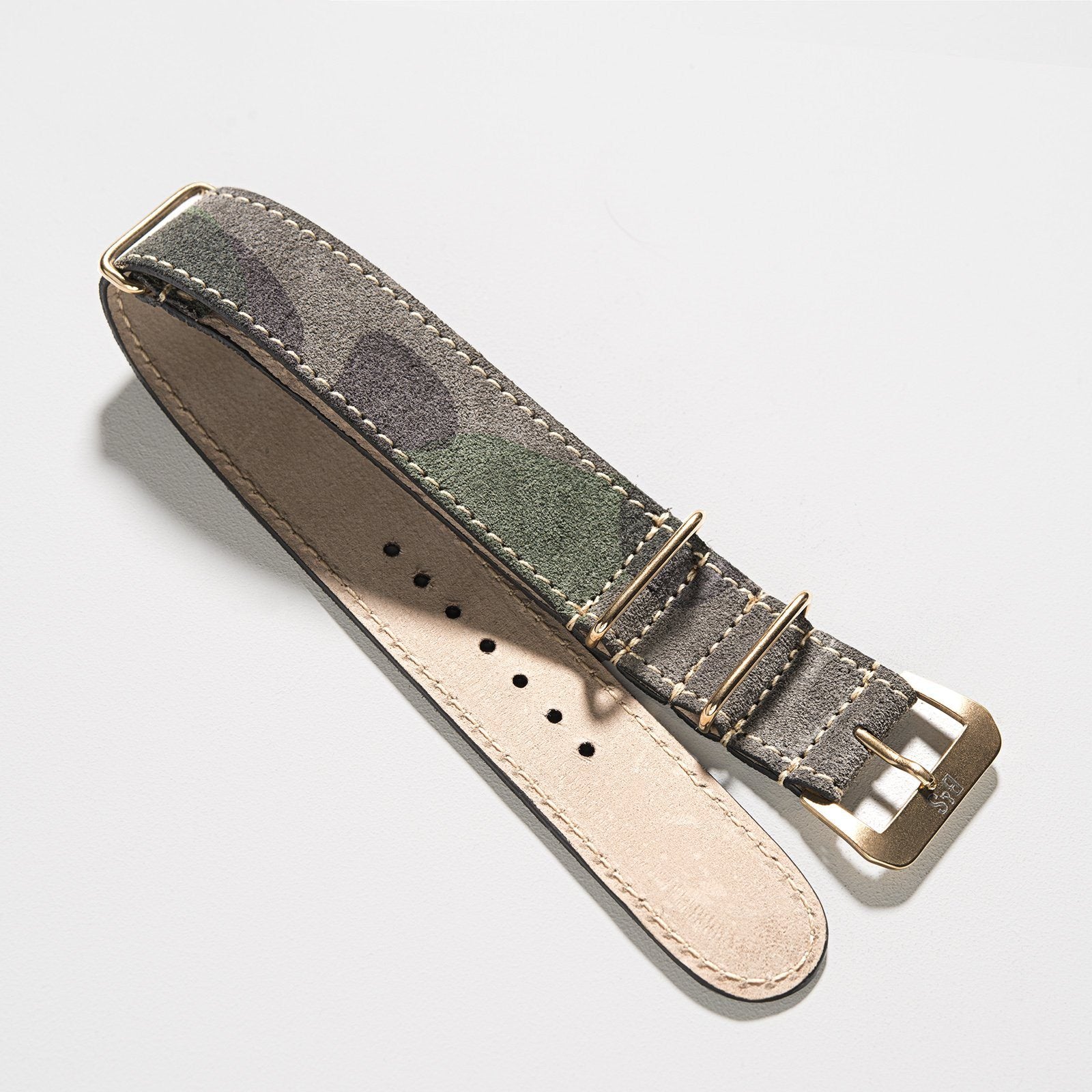 Camo Grey Suede Single Pass Gold Leather Watch Strap