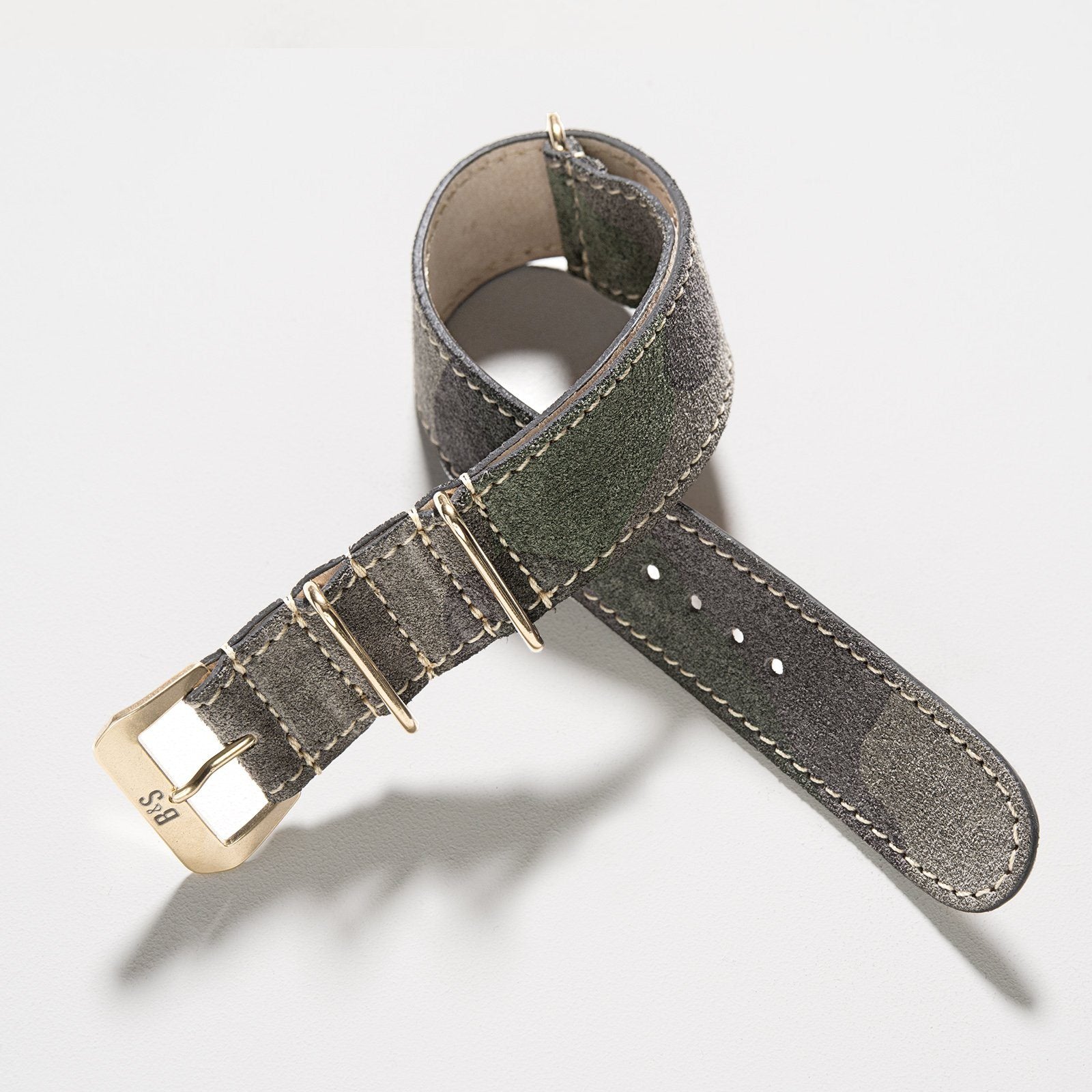 Camo Grey Suede Single Pass Gold Leather Watch Strap